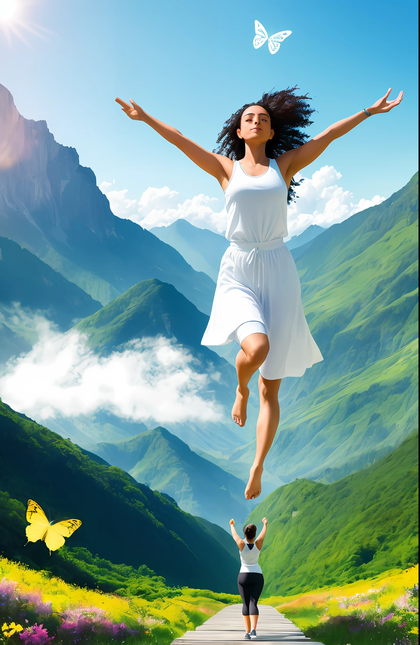 "Imagine a cover image that conveys the powerful connection between mind and body during a journey of transformation. The scene takes place in a serene and inspiring environment. The central figure is a radiant person with a confident and determined expression. She's standing, wearing comfortable exercise clothes, her arms raised in a gesture of empowerment. Soft sunlight bathes the scenery, highlighting a lush background with natural elements such as forests, mountains or a verdant field.
Around the central person, visual symbols represent mental and emotional transformation. Think of elements like erflies, symbolizing metamorphosis and change, or puzzles, representing the reconstruction of the mind. These symbols float delicately and harmoniously around the person, suggesting the synchrony between mind and body.

The image as a whole should convey a sense of hope, resilience and potential. It should capture the idea that mental transformation is the key to achieving balance and health throughout the body.