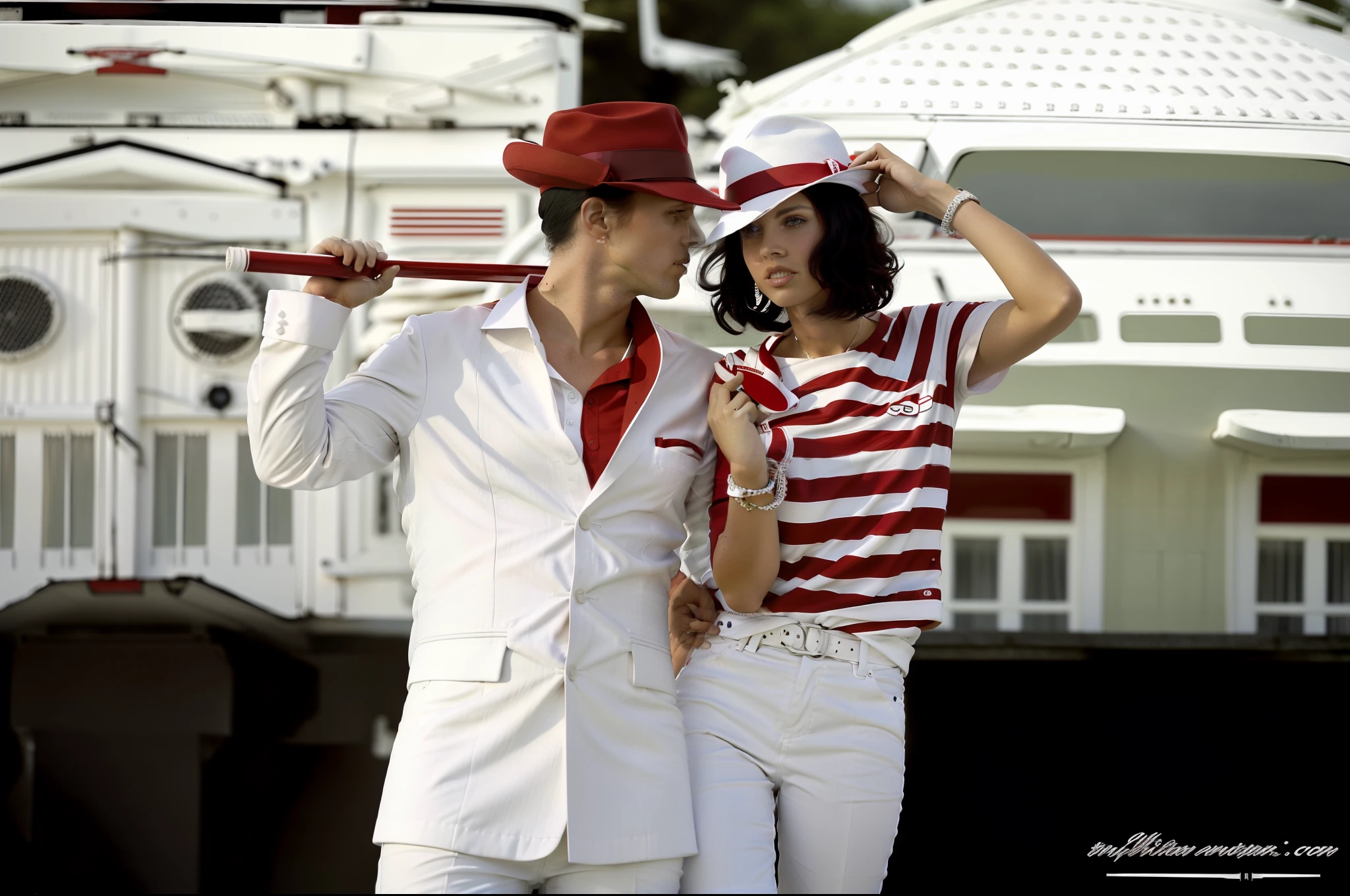 they are dressed in white and red outfits and hats, white stripes all over its body, white suit and hat, red and white, white red, red and white color theme, red and white colors, white and red color scheme, wearing white clothes, vintage look, wearing white suit, red and white stripes, red and white color scheme, photoshoot