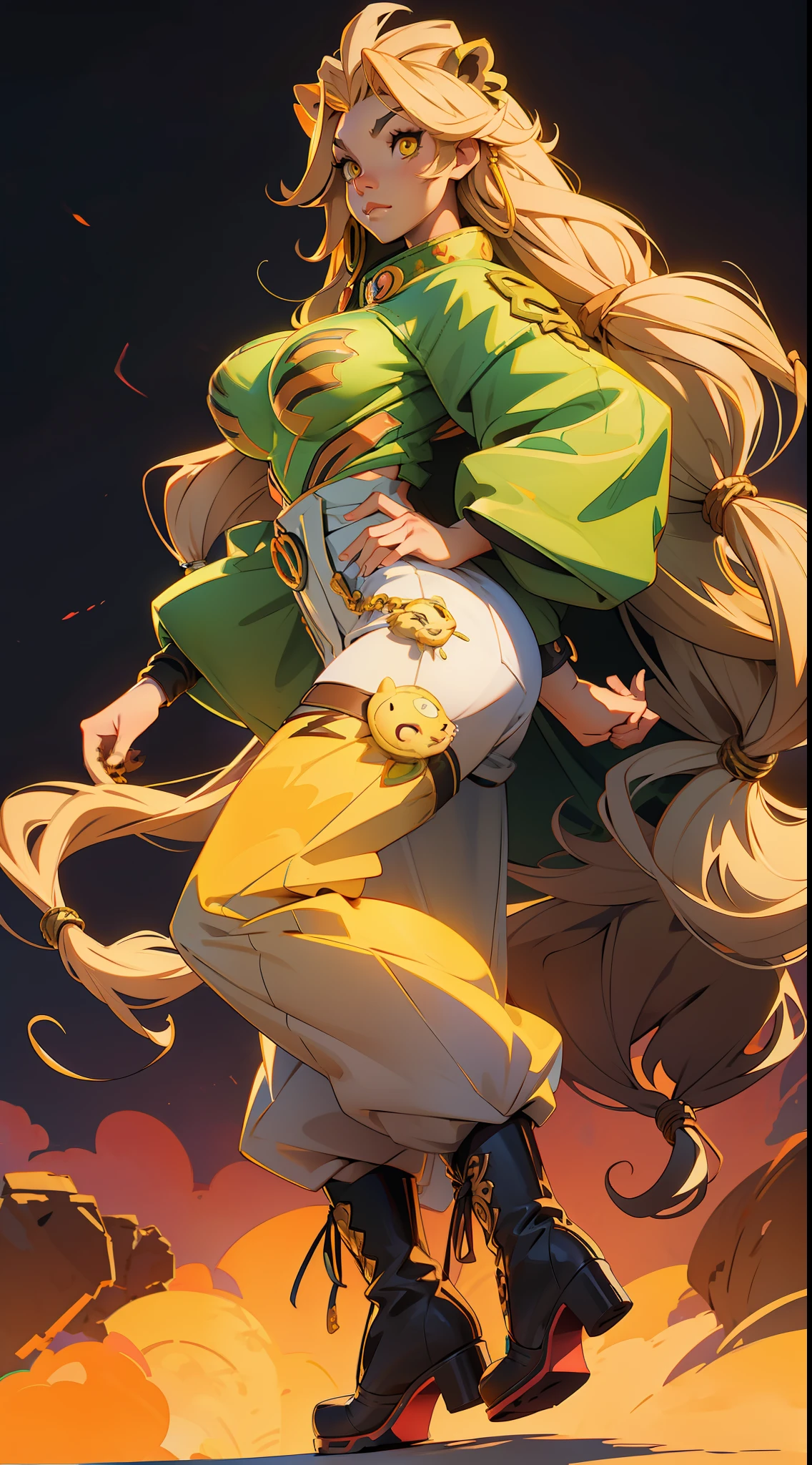 anime waifu lion, yellow eyes, long hair , plush clothes, big boots, perfect body, huge breasts , (((background african jungle)))