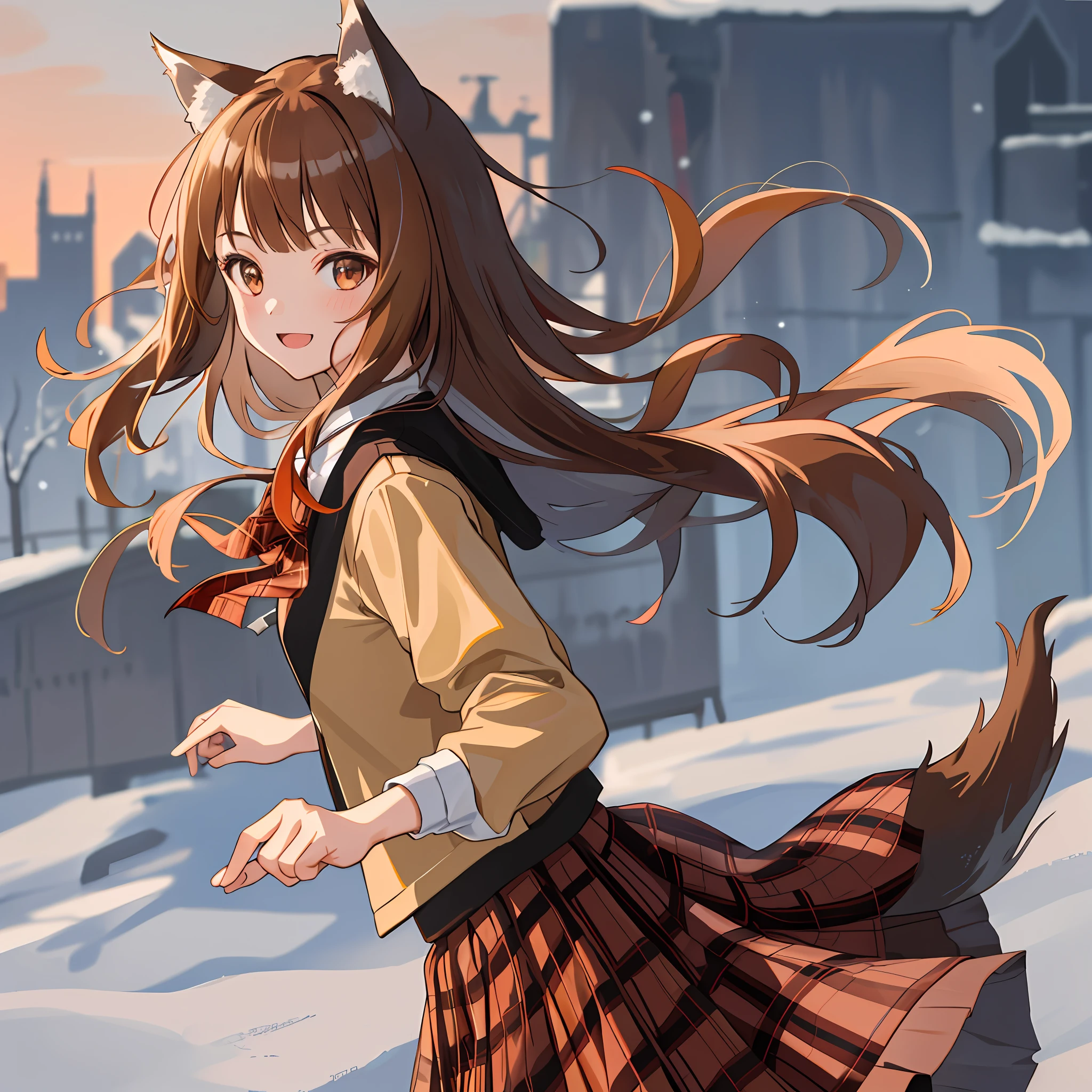 1 girl, portrait, animal_ears, bangs, brown_hair, floating_hair, holo, jacket, long_hair, outdoors, plaid, pleated_skirt, red_skirt, skirt, smile, snow, solo, (tail), wolf_ears, wolf_girl, wolf_tail, (in medieval cities)),