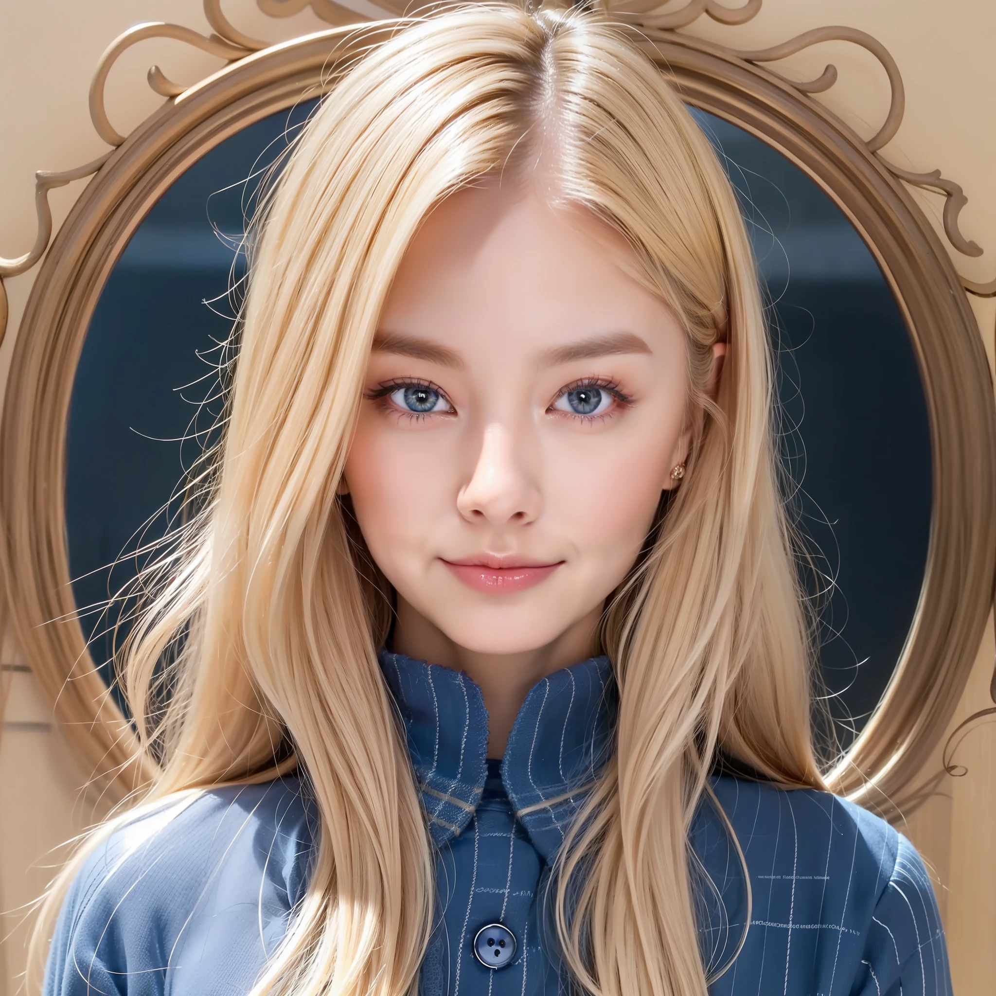 Scandinavian small face beauty, blonde hair, neat clothes, blue eyes, super beautiful face, delicate eyes, double eyelids, smile, slim figure
