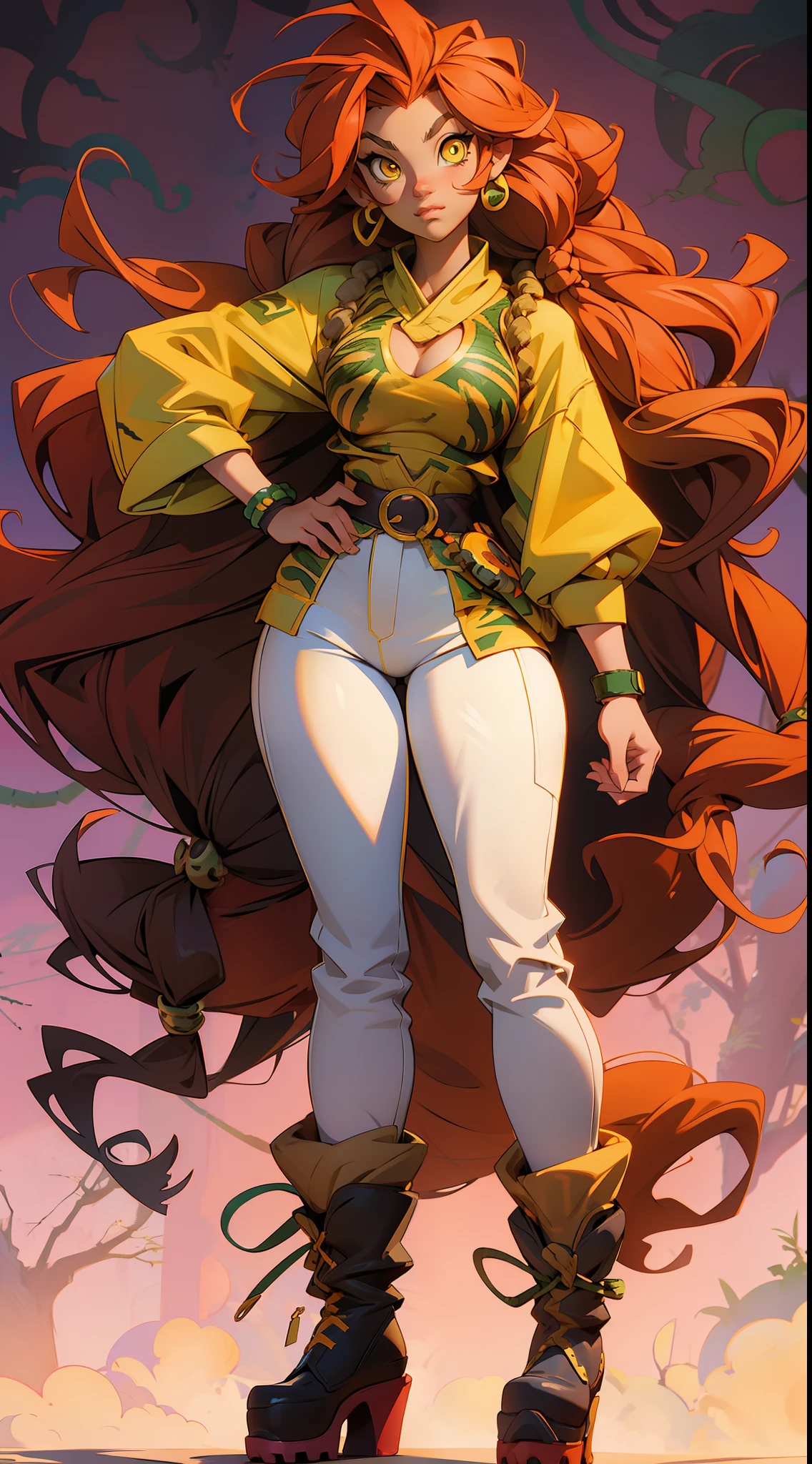 anime waifu lion, yellow eyes, long hair , plush clothes, big boots, perfect body, huge breasts , (((background african jungle)))