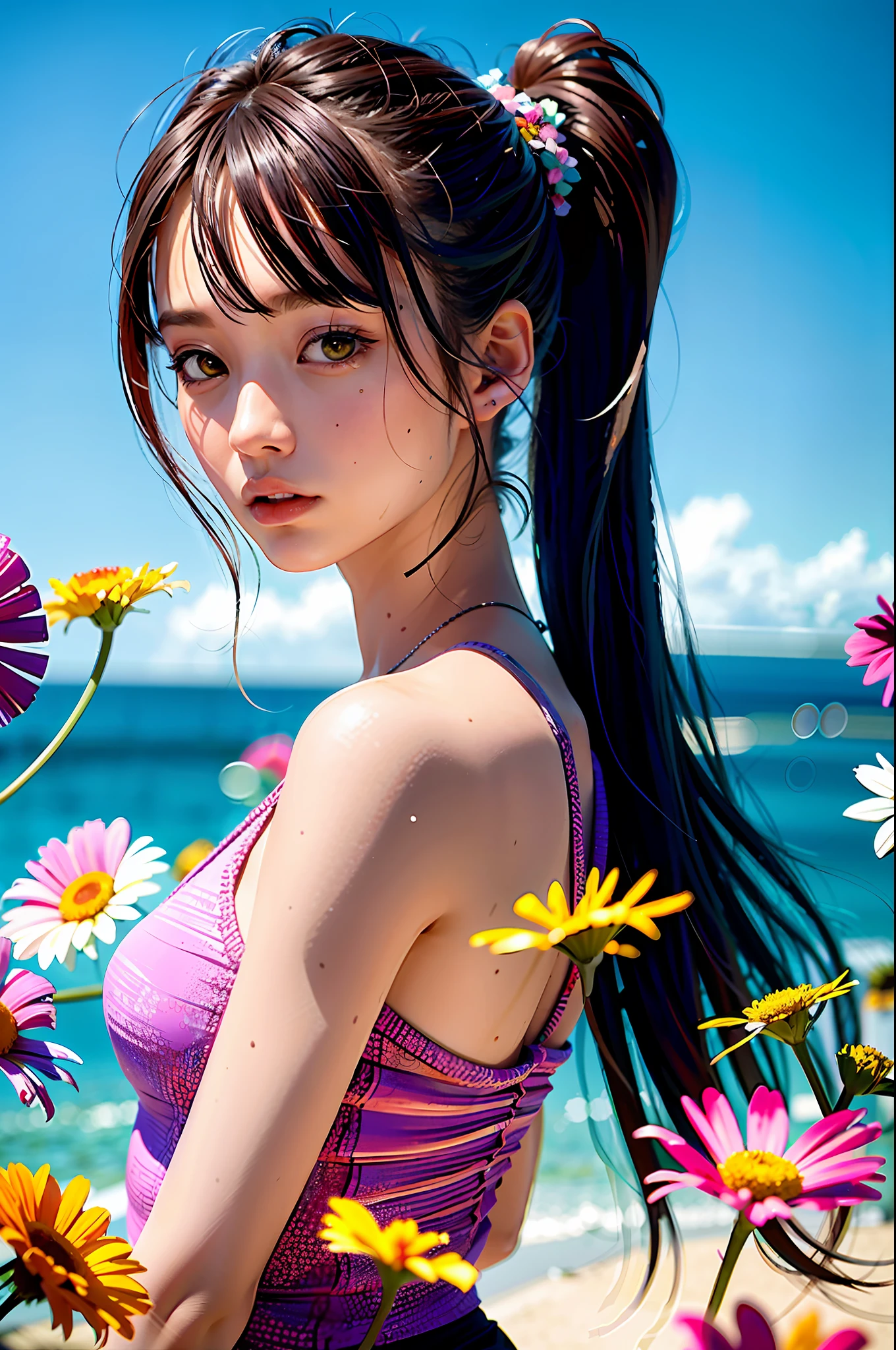 (masterpiece), (best quality), (ultra detailed),(disheveled hair),(illustration), (1girl), (Fashionable clothing), standing, Fashion model, looking at viewer, (interview), (simple background),beautiful detailed eyes, delicate beautiful face, Floating,(high saturation),(colorful splashes),colorful bubble,(shining), focus on face, ponytail, kamisato ayaka, light blue hair, bangs, hair ring, floating flowers, floating hairs, (shining), best lighting, best shadow,