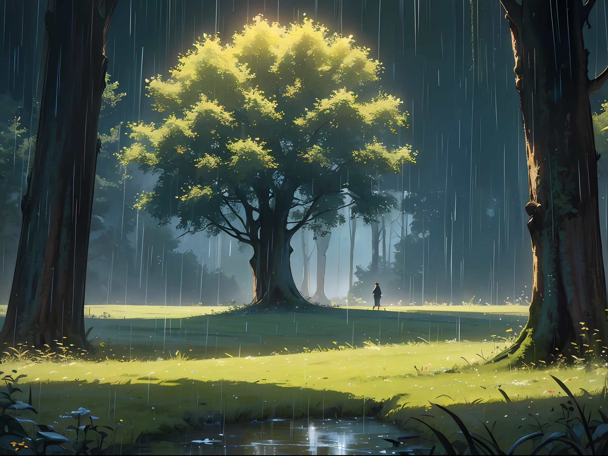 Cinematic texture, masterpiece, exquisite, 8k resolution, super detailed, high quality, night, heavy rain, large raindrops, meadow, a big tree, grass, floating fallen leaves
