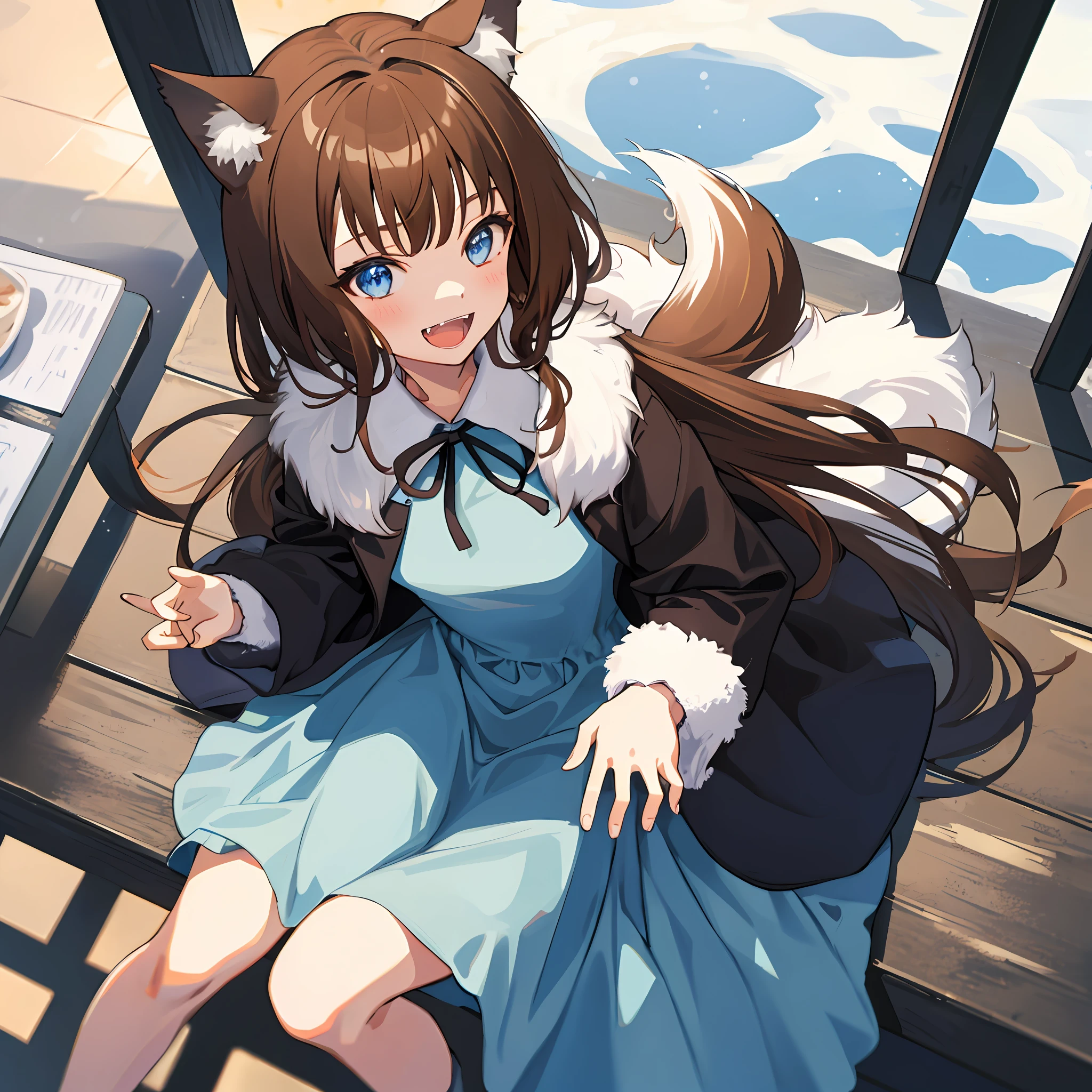 1 girl, portrait, animal_ears, bangs, brown_hair, floating_hair, holo, jacket, long_hair, sitting, carriage, outdoors, neck porch, from above, open mouth, fangs, smile, slender, (blue dress), (fur dress), smile, snow, solo, (tail), wolf_ears, wolf_girl, wolf_ tail, (in a medieval city)),