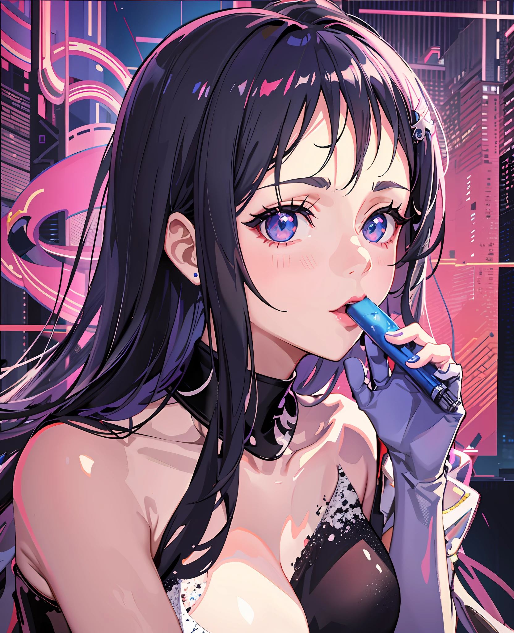 Anime girl with blue eyes and black hair eating a blue object, Cyberpunk Oppai, Seductive anime girl, Anime Girl drinks energy drink, Ahegao, deep throat, 4K anime style, digital anime illustration, Ilya Kuvshinov. 4K, cyberpunk anime girl, detailed digital anime art, ahegao face, digital cyberpunk anime art, moe anime art