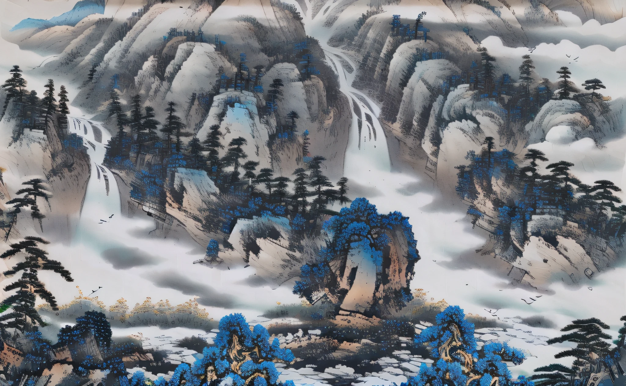 ((masterpiece)), (best quality), ((high-res)), ((extremly details)), ((Ink wash)), ((artist)), a painting of longly mountain and pine_tree, branch, no_humans, outdoor, landscape, birds, river, indigo pigment, thousands of miles of rivers, zulishisong_style_mountains, Wang Mengxi, Ba Da Shanren, high detail, award-winning, best quality, 4K