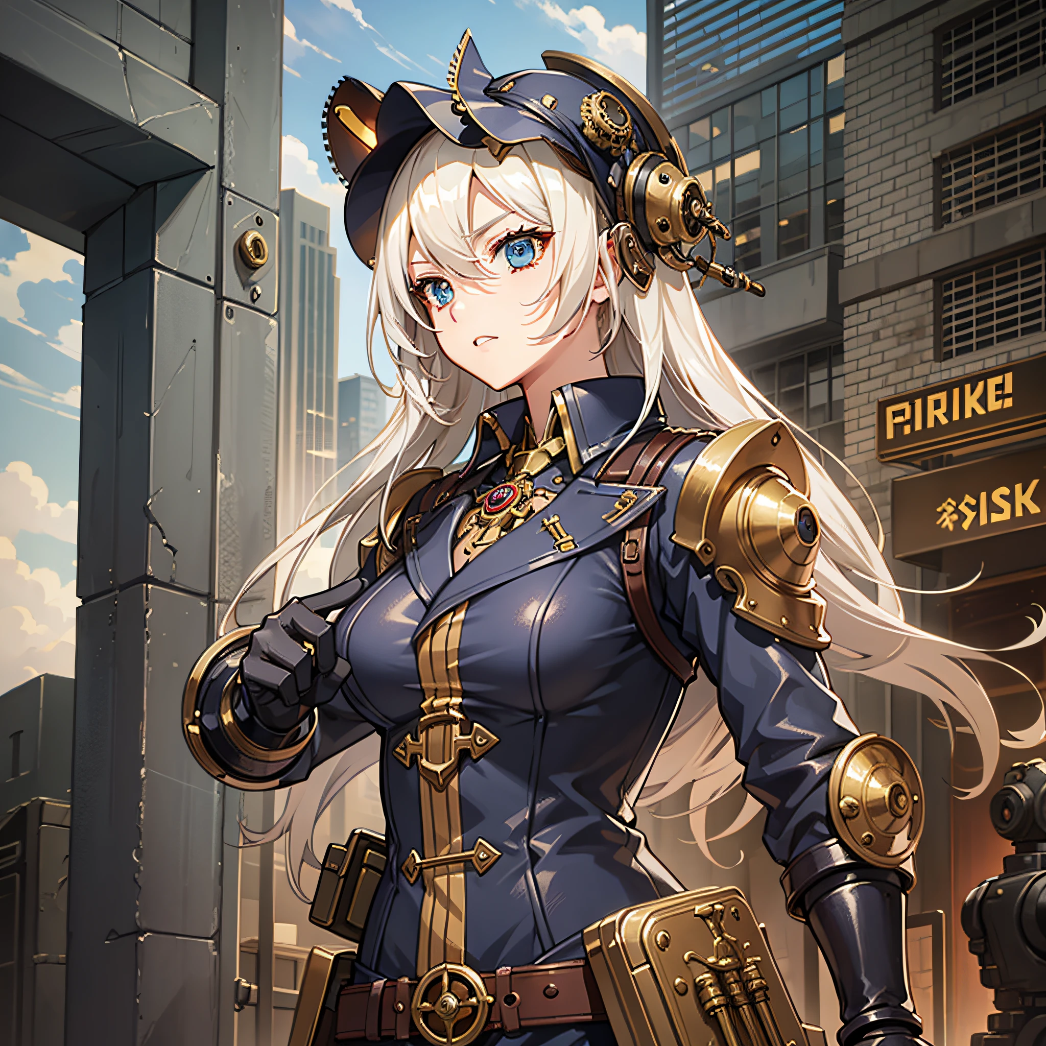 Girl, SteamPunk, Gauntlets, Mechanical Arms, Mechanical Eyes, War, Blood, Destruction, Cannon Arms, Arm Gun