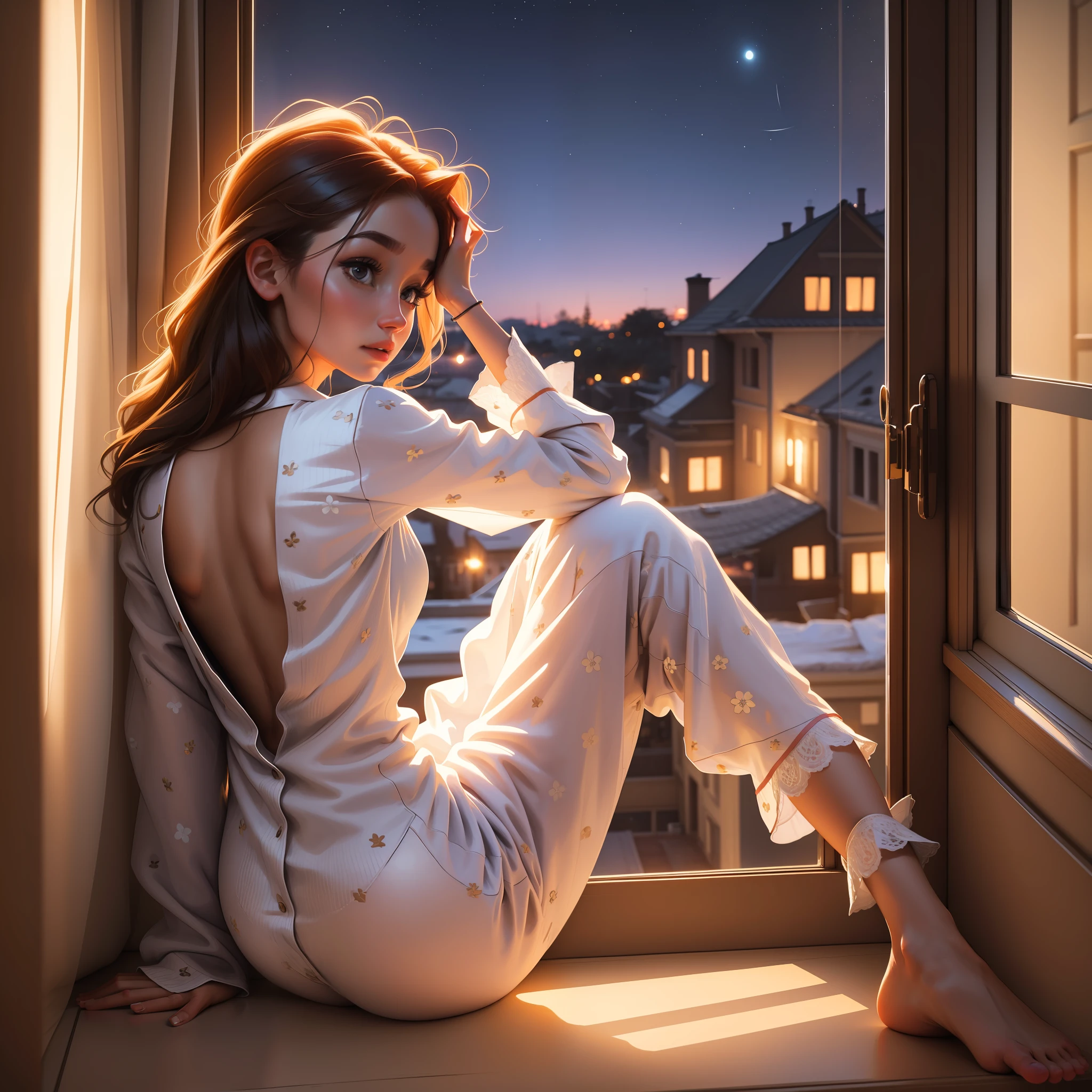 Masterpiece, best quality, high resolution, image of a lady, young woman, dressed in classical pajamas, half-body, back to back, head facing out the window, in the villa, sitting by the window, looking at the night view