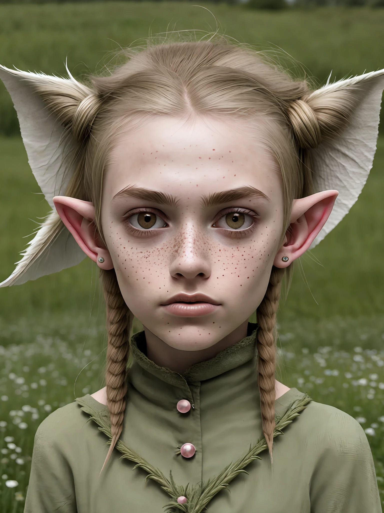 A beautiful french emo ((teen girl)) anorexic highly defined elven features big doll eyes ,small pokies ((small pokies)) peroxide ((long blonde messy windswept hair)) flowers in hair,(((small pointed ears))), sitting in highly detailed rural french (meadow) setting ,wearing Medieval green cloak hood and (furs, leathers, and roughly spun cloths, such as hemp or linen). eyeliner, blush, lipstick, natural freckles, anorexic, art gallery, professional photography, Sony fx6 digital camera, atmospheric, highly detailed, UHD, both eyes the same, masterpiece, high resolution, ultra quality, 16K, skin pores, matte ,(arms reaching up) ,model pose ,Patrick Lichfield, rule of thirds