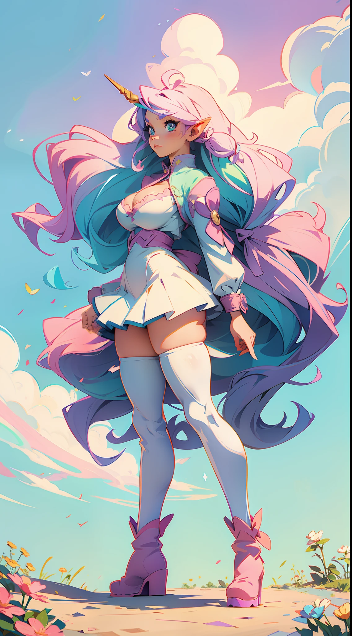 anime waifu unicorn, rainbow, plush clothes, big boots, perfect body, huge breasts, background a garden