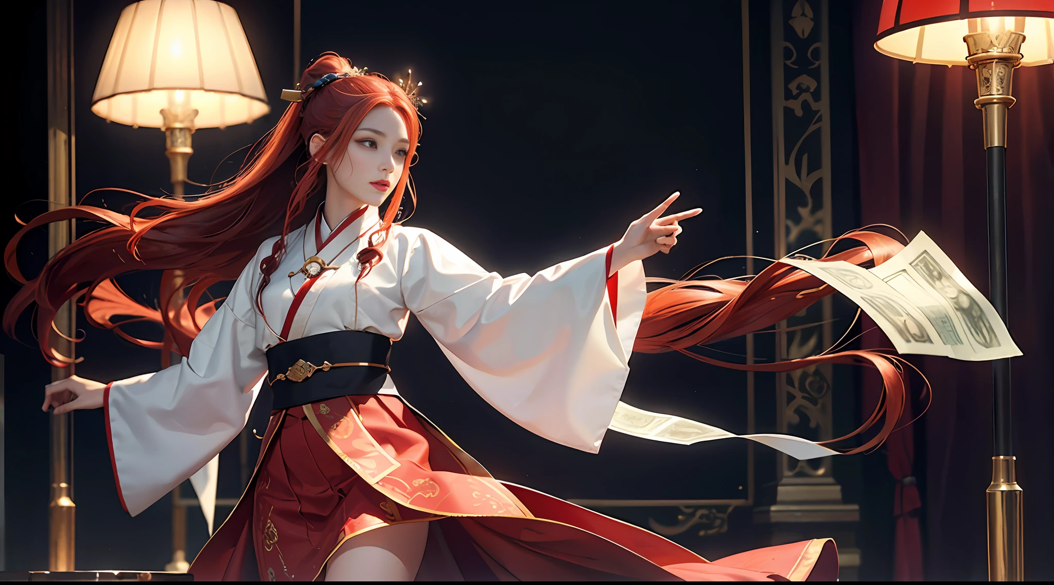 Superb Quality, Masterpiece, High Resolution, (Exquisite Body: 1.5), Stunning Beauty, (Milky Skin: 1.3), Exquisite Details, High Resolution, Wallpaper, 1 Woman, Solo, Dress, Hair Accessories, (((Red Skirt)), Paper Money, Long Hair, Red Hair, Shut Up, Accessories, Long Sleeves,, Wide Sleeves, Big Eyes, Flowing Hair, Hanfu, Hanfu, Embroidery, Long Skirt, Road Pose, Vault, Indoor, 16K, HDR, High Resolution, Depth of Field, (Film Grae: 1.1), Bocon, Primetime, (Lens Glow), Vignette, Rainbow, (Color Grading: 1.5)