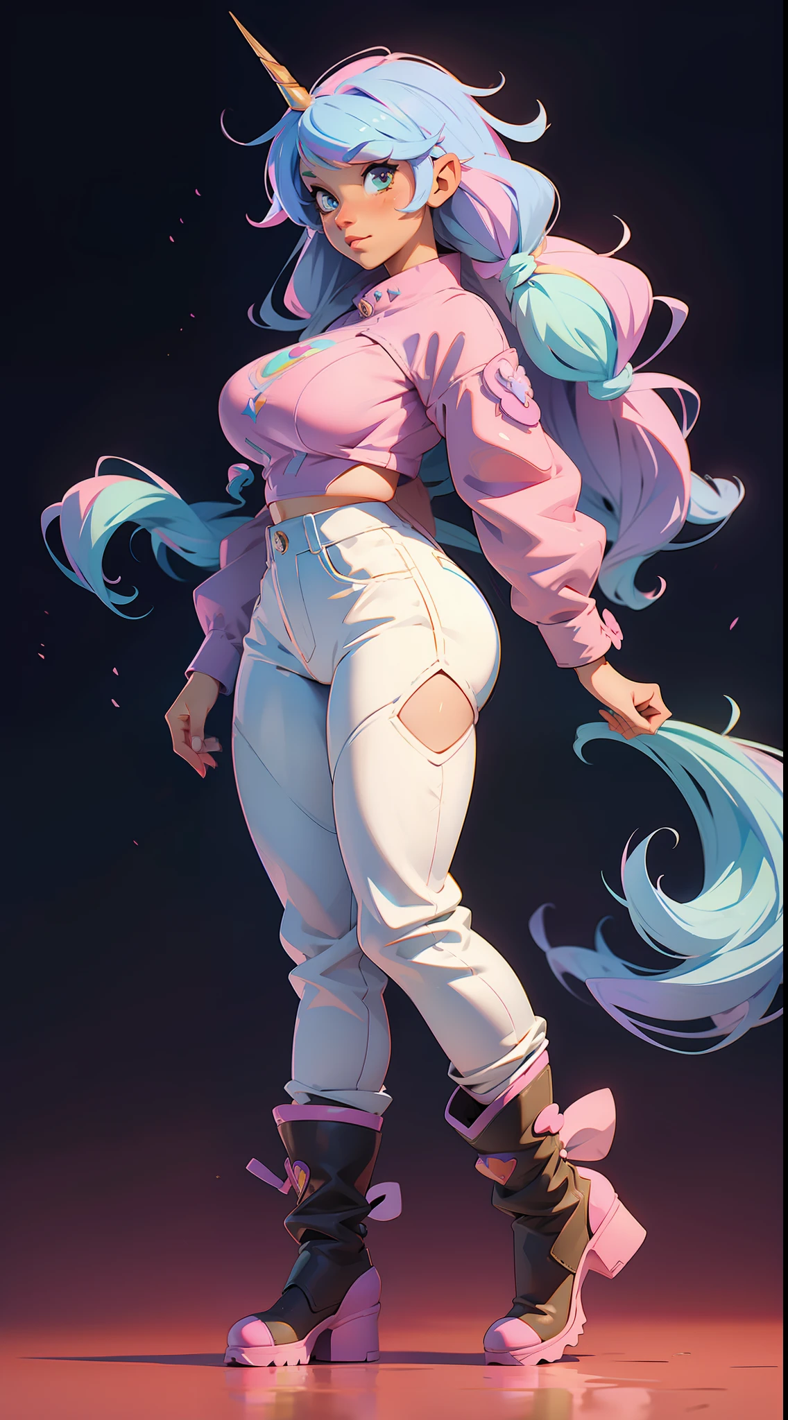 anime waifu unicorn, rainbow, plush clothes, big boots, perfect body, huge breasts, background a garden