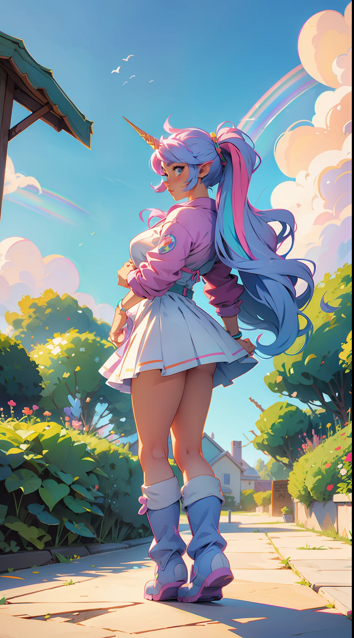 anime waifu unicorn, rainbow, plush clothes, big boots, perfect body, huge breasts, background a garden