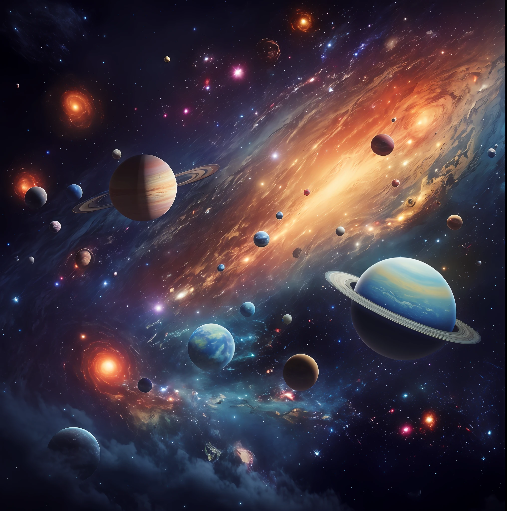 planets and stars in a galaxy with a bright light, planets and galaxies, large planets in the background, planets in the background, beautiful space, solar system, universe, space photo, huge universe, planets, background artwork, planets and stars, universe background, space art, space, planets in the skies, space backround, space art concept, planets behind