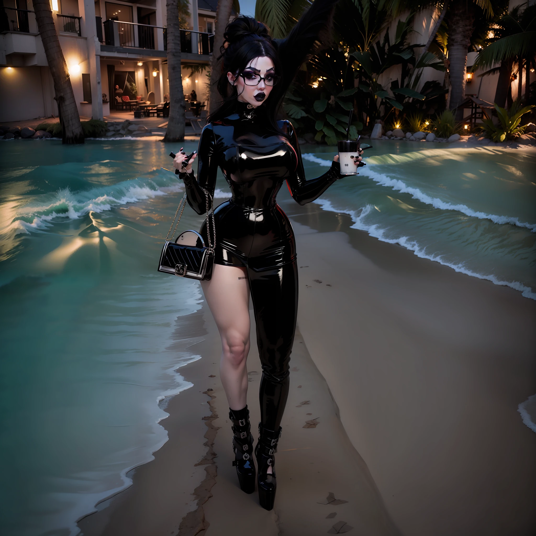 bimbo, goth, goth makeup, black hair, latex clothes, pale skin, beachhouse, holding drink, holding purse,