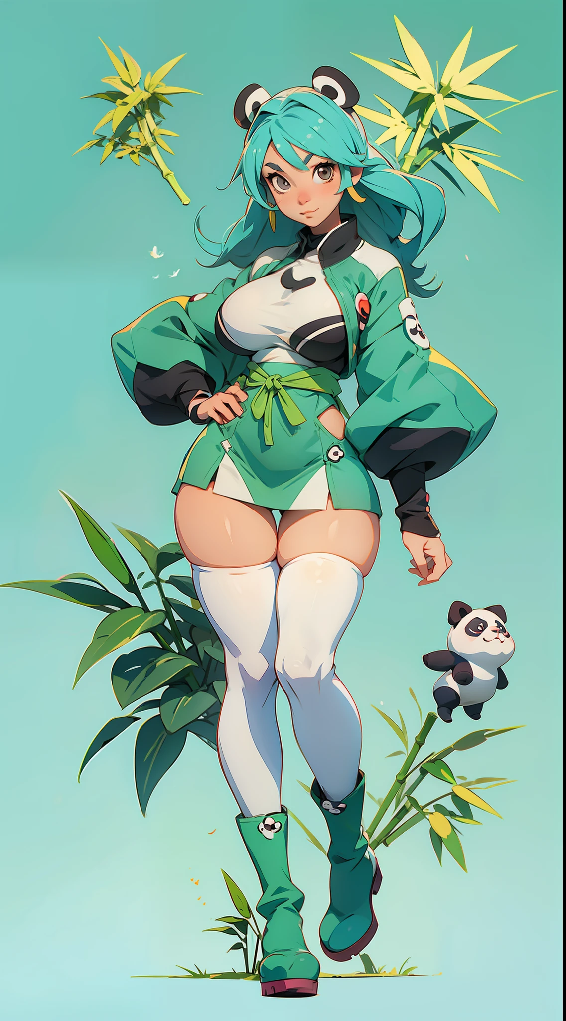 anime waifu panda, plush clothes, big boots, perfect body, huge breasts , background a garden bamboo