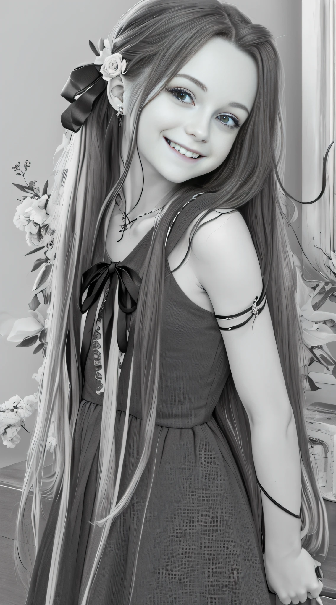masterpiece, best quality, 1girl, solo, long_hair, looking_at_viewer, smile, dress, ribbon, jewelry, very_long_hair, hair_ribbon, flower, bracelet, two_side_up, hand_on_own_face, head_rest, hand_on_own_cheek, lineart, monochrome,