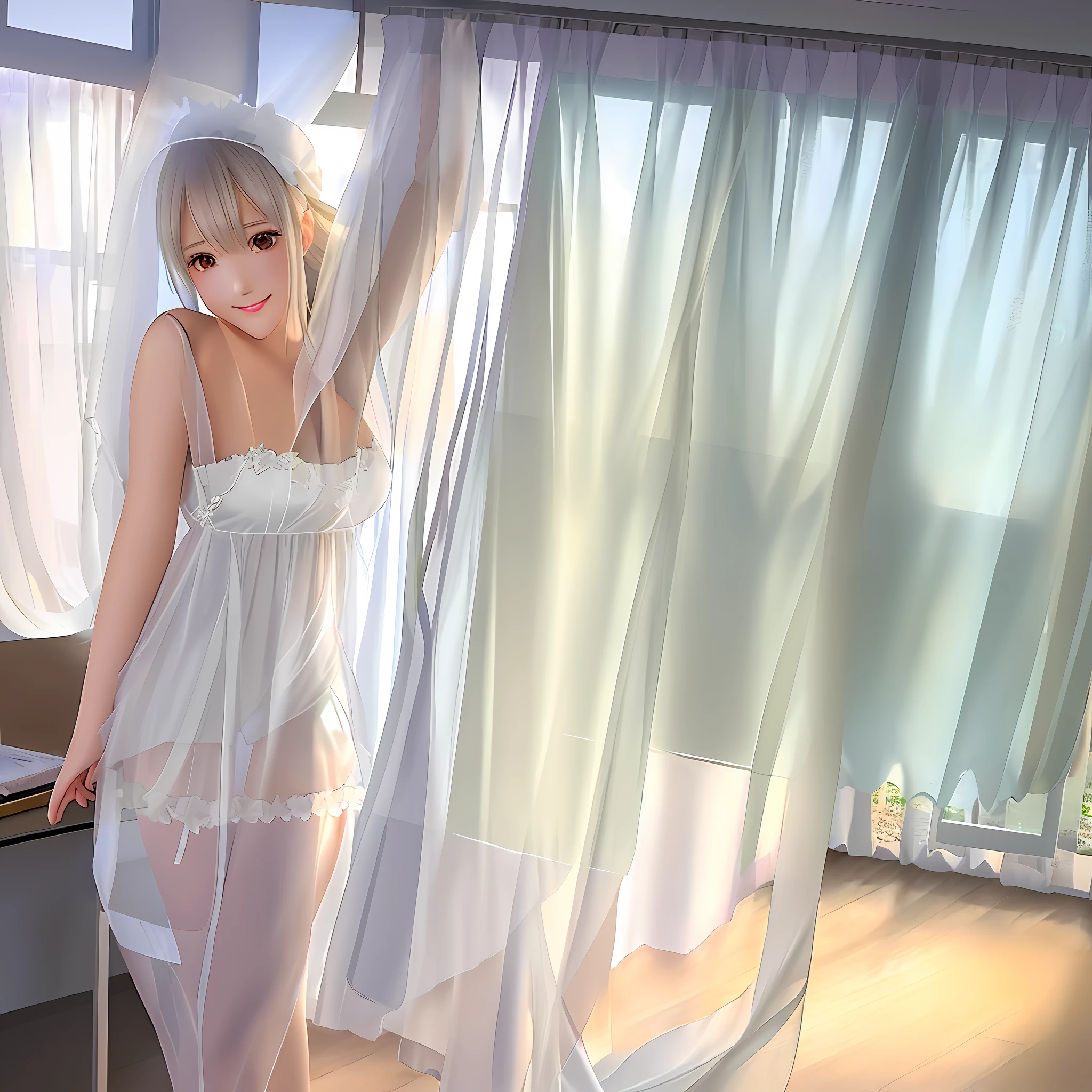 Girly, anime style, translucent white gauze dress, semi-nude, white stockings, love eyes, legs apart, frowning and smiling, hugging