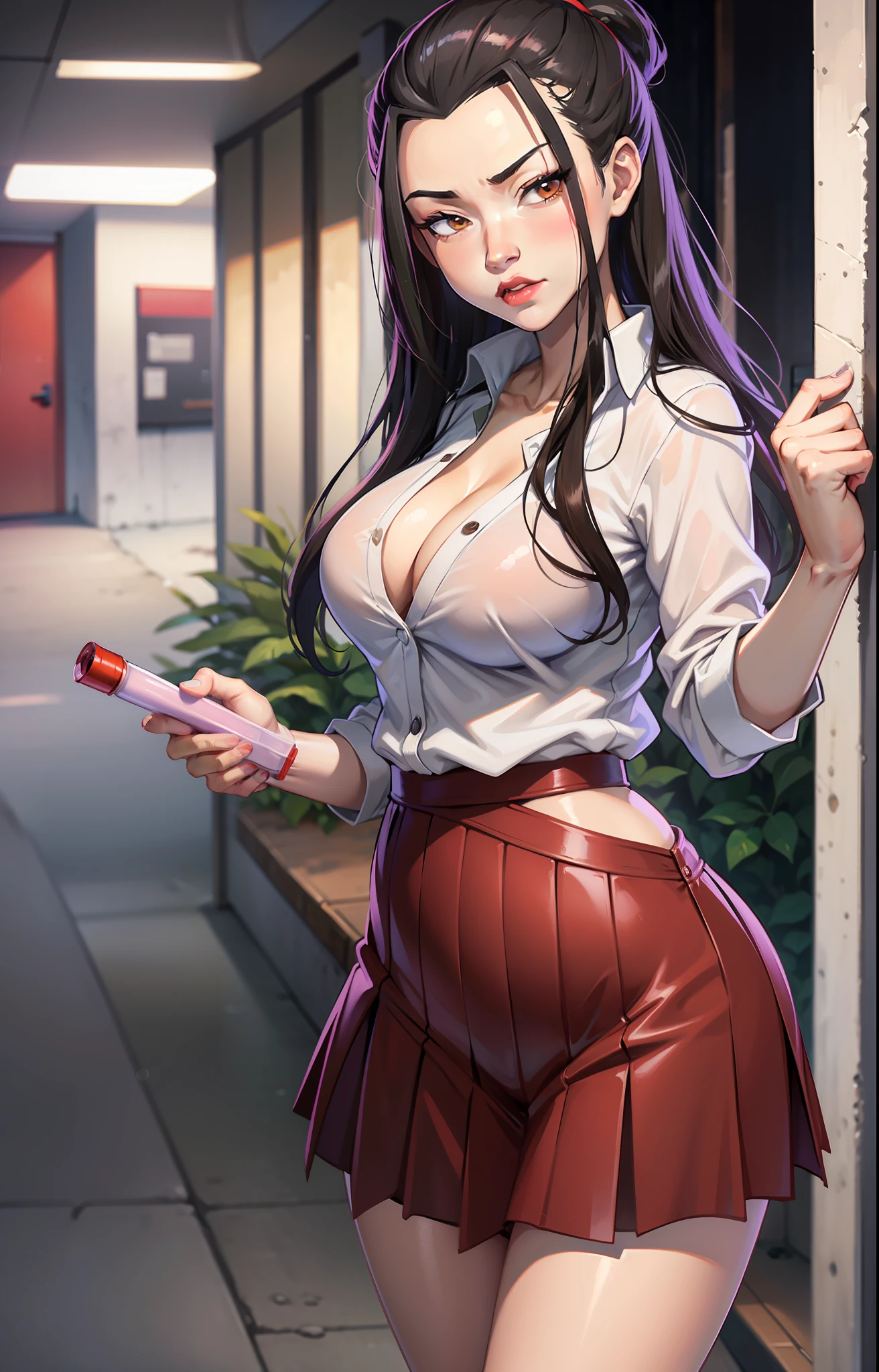 masterpiece, best quality, solo, 1girl, azula, closed mouth, smirk, makeup, cleavage, (white shirt, miniskirt, panties), wide hips, ass, big ass. standing, legs apart, lipstick, looking at the viewer, school background, erotica, gyaru, schoolgirl-whore, (cum on the ass, cum, cum on the ass, a lot of cum)