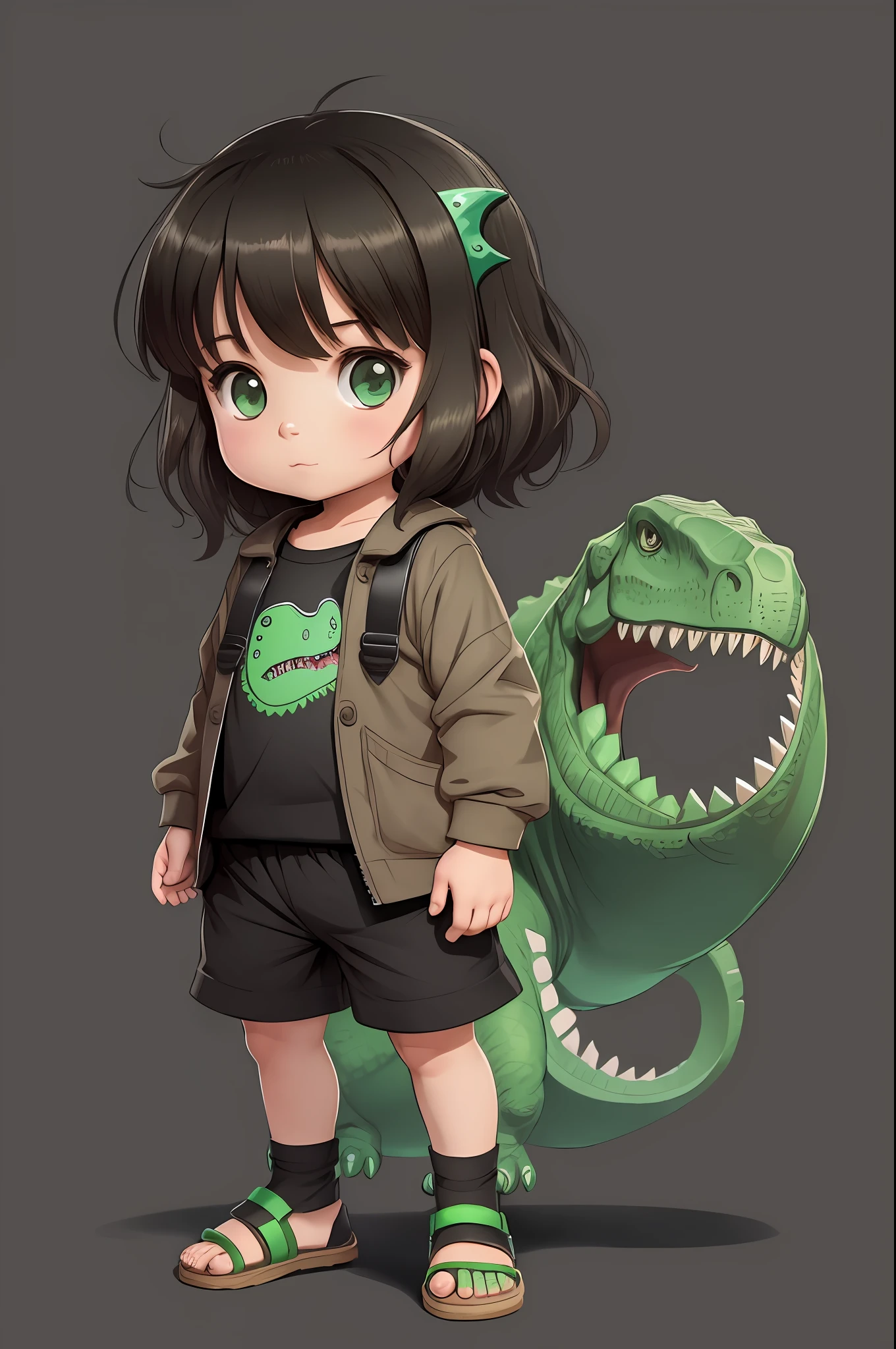 sketch of a child, wearing dinosaur outfit, black shorts and green sandals, highlighted dark hair, high quality character design, character design art, children's art at artstation, character profile --auto --s2