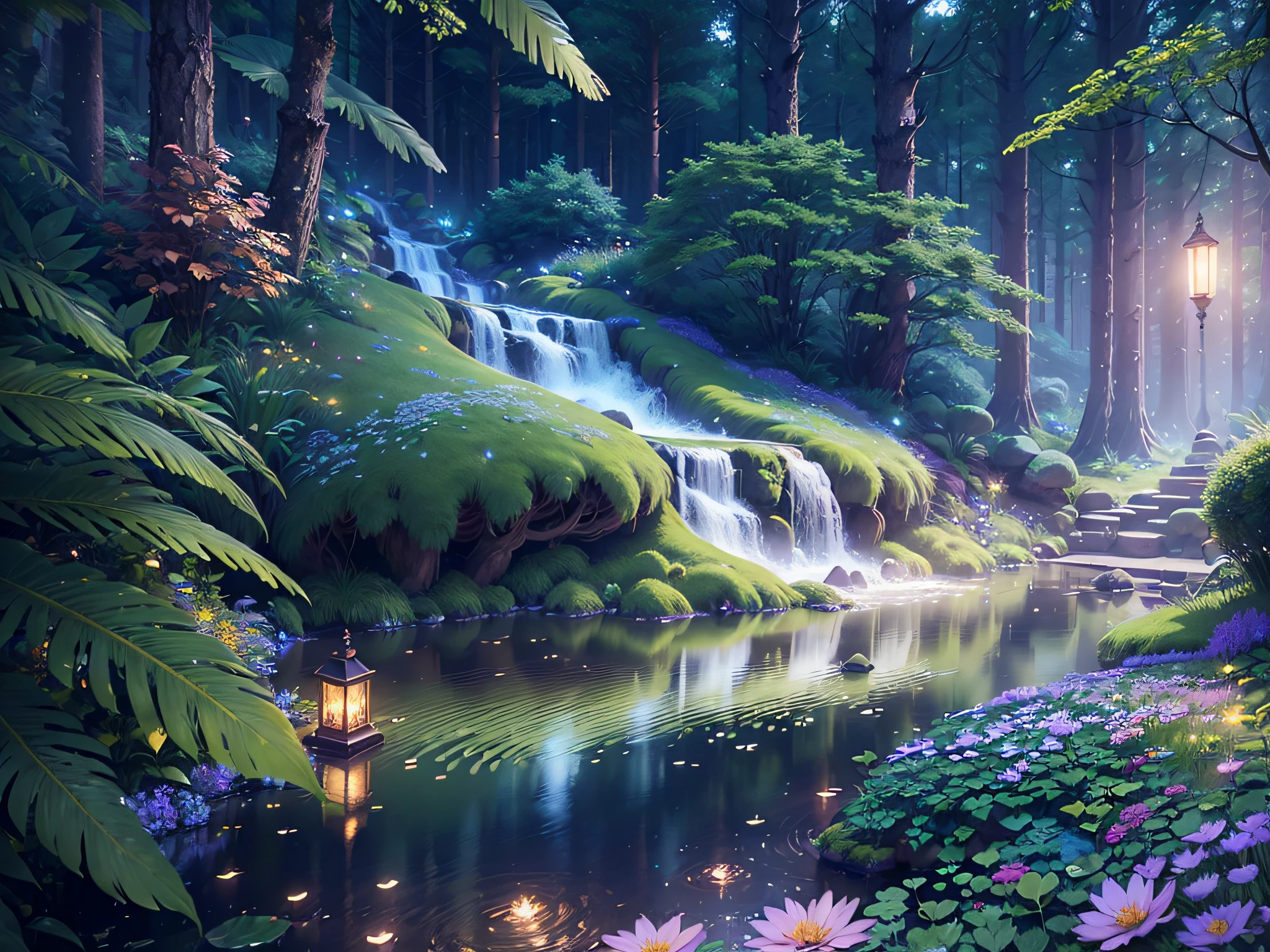 ((Masterpiece))), Best Quality,Ultra Detailed (Highly Detailed CG Unity 8k), (Best Quality), (Best Illustration), (Best Shadow), Shining Waterfall, Mystic Lake, Night, Forest Themed, Mystical Forest, Beautiful Forest, Nature, Delicate Leaves and Branches Surrounded by Flowers (Natural Elements), (Firefly Light), (Particle Effect), 3D,Rendering Effects --auto --s2