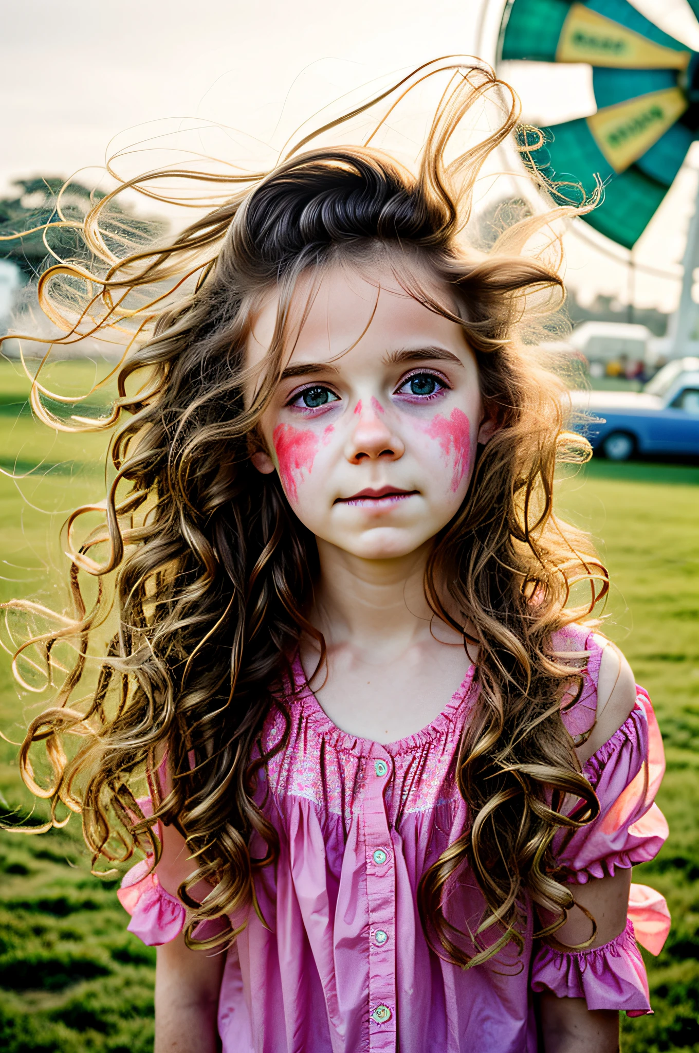 irish precious girl, sleepy, carnival, ferris wheel, foggy, emotive, cottoncandy, sunlit cottoncandy wild messy windy hair glistening, drenched in sunlight and shadows pattern, morning dew, haze, nostalgia, style of sally mann in color