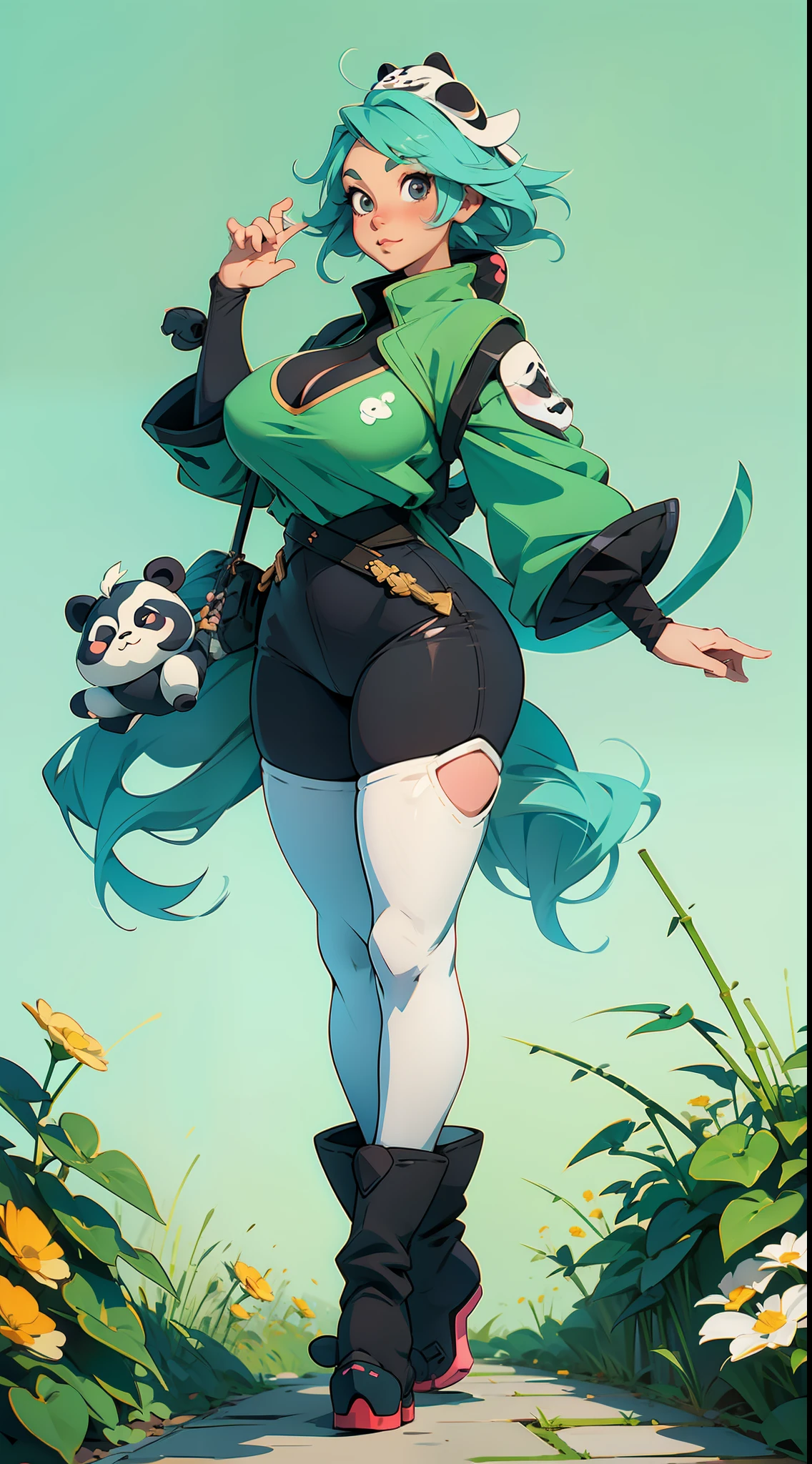 anime waifu panda, plush clothes, big boots, perfect body, huge breasts , background a garden bamboo