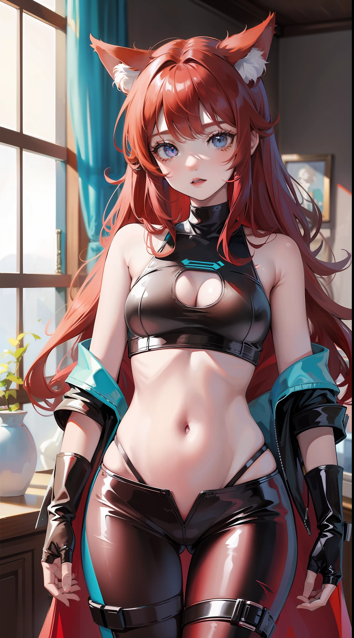 Young girl, long red hair, turquoise eyes, cat ears, superhero shape, pants, open belly, inner, masterpiece, high quality