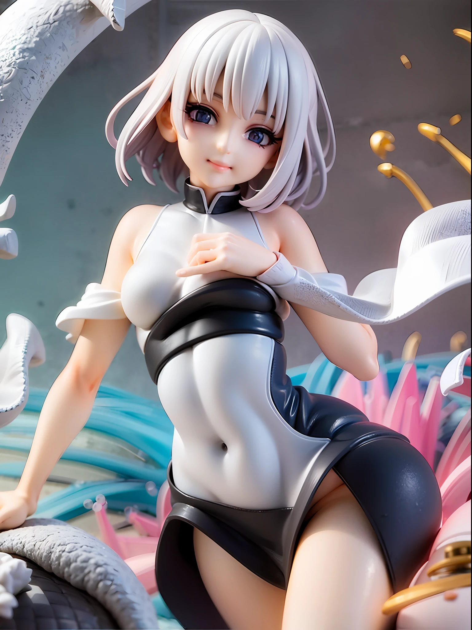 white dress, scattered vibrant hues like an artist's palette, short hair, bob cut, white hair, natural pose, full body, background resonating a burst of pigments, beautiful eye, closed mouth, evil smile, female protagonist, young girl, deep purple or deep-sea blue eyes, white one-piece dress, light-themed, mischievous expression, explosion of colors, splashes of colorful paint, wave,