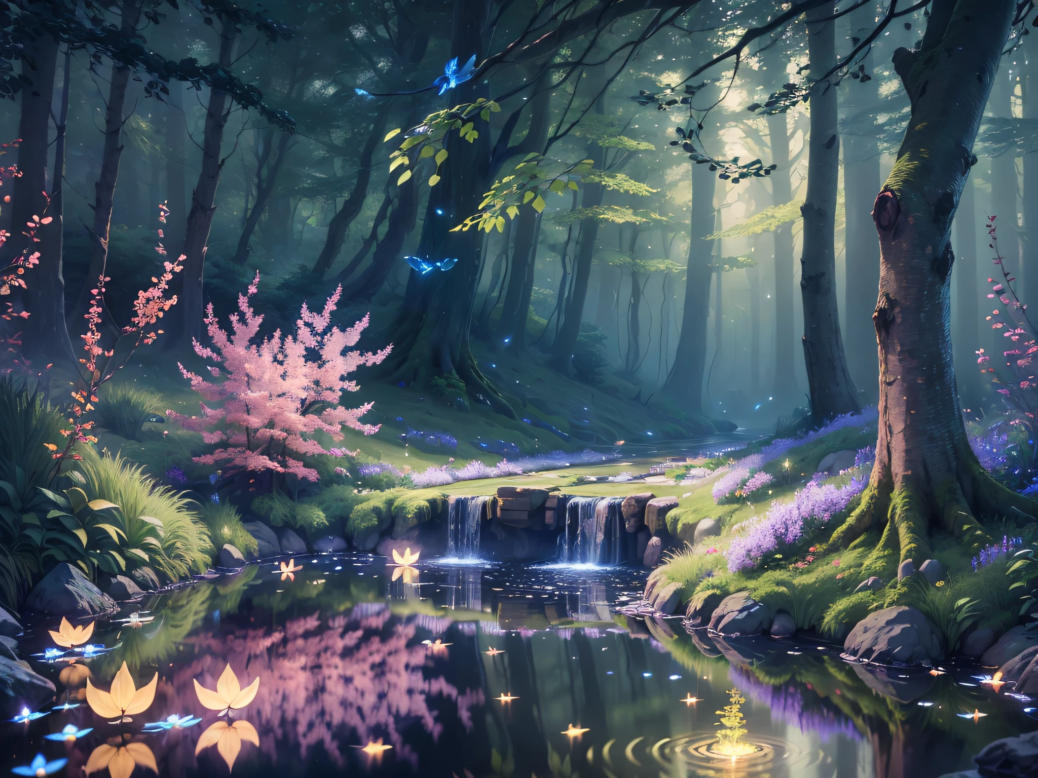 ((Masterpiece))), Best Quality,Ultra Detailed (Highly Detailed CG Unity 8k), (Best Quality), (Best Illustration), (Best Shadow), Shining Waterfall, Mystic Lake, Night, Forest Themed, Mystical Forest, Beautiful Forest, Nature, Delicate Leaves and Branches Surrounded by Flowers (Natural Elements), (Firefly Light), (Particle Effect), 3D,Rendering Effects --auto --s2