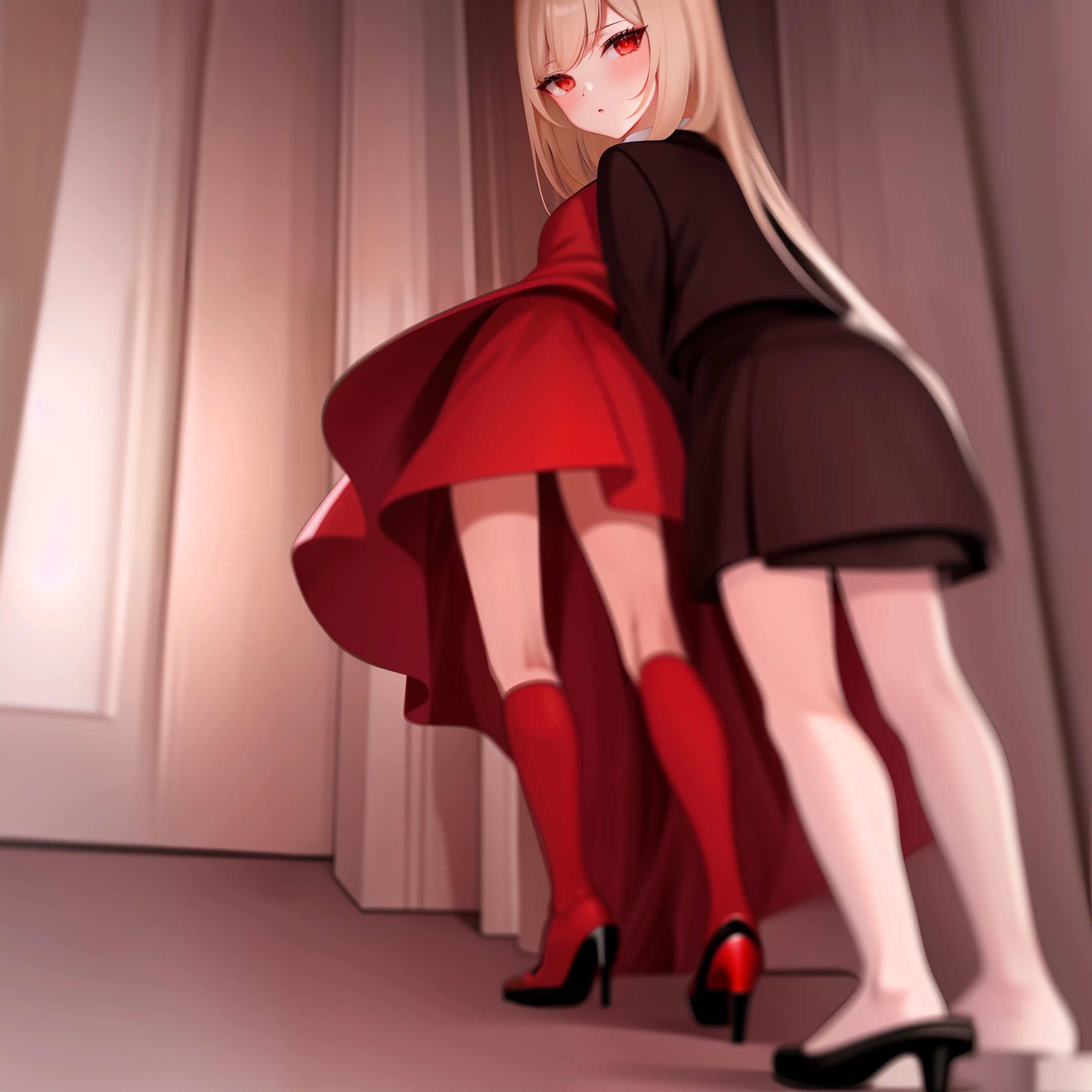 I want a picture of a 25-year-old girl in red heels and short black skirt