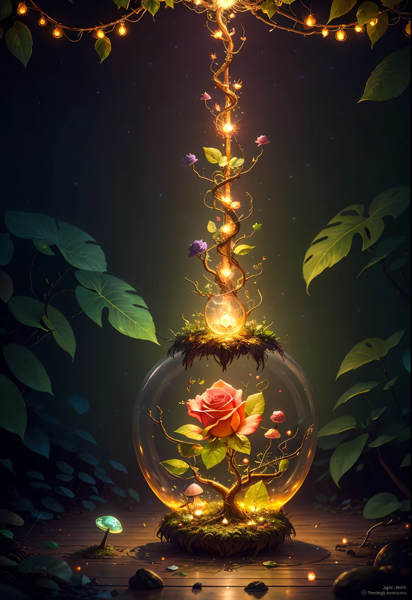Fantasy in a glass, "ethereal roses, cute animals, glowing little mushrooms surrounded by delicate leaves and branches, and fireflies and glowing particle effects", (natural elements), (jungle theme), (leaves), (branches), (fireflies), butterflies, (delicate leaves), (glow), (particle effects), super realistic, super detailed, dramatic lightning, 4k, masterpiece,