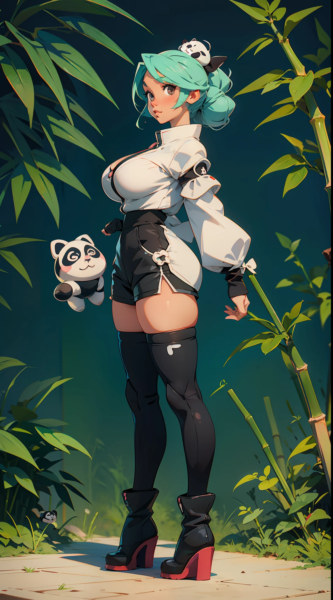 anime waifu panda, plush clothes, big boots, perfect body, huge breasts , background a garden bamboo