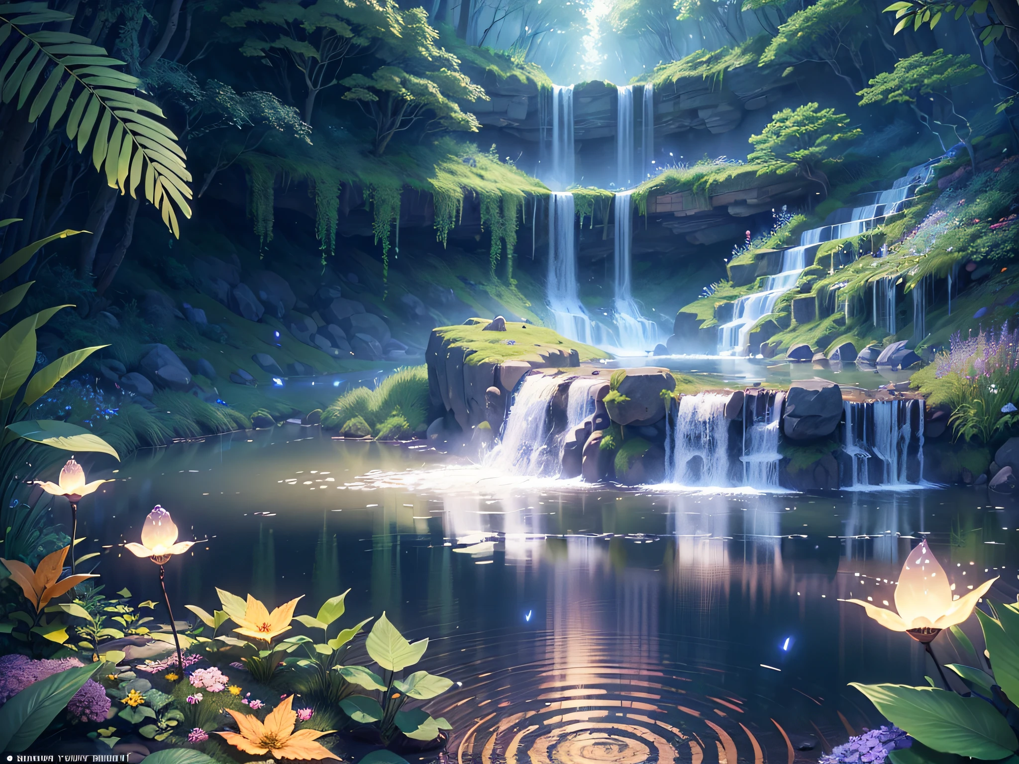 ((Masterpiece))), Best Quality,Ultra Detailed (Highly Detailed CG Unity 8k), (Best Quality), (Best Illustration), (Best Shadow), Shining Waterfall, Mystic Lake, Night, Forest Themed, Mystical Forest, Beautiful Forest, Nature, Delicate Leaves and Branches Surrounded by Flowers (Natural Elements), (Firefly Light), (Particle Effect), 3D,Rendering Effects --auto --s2