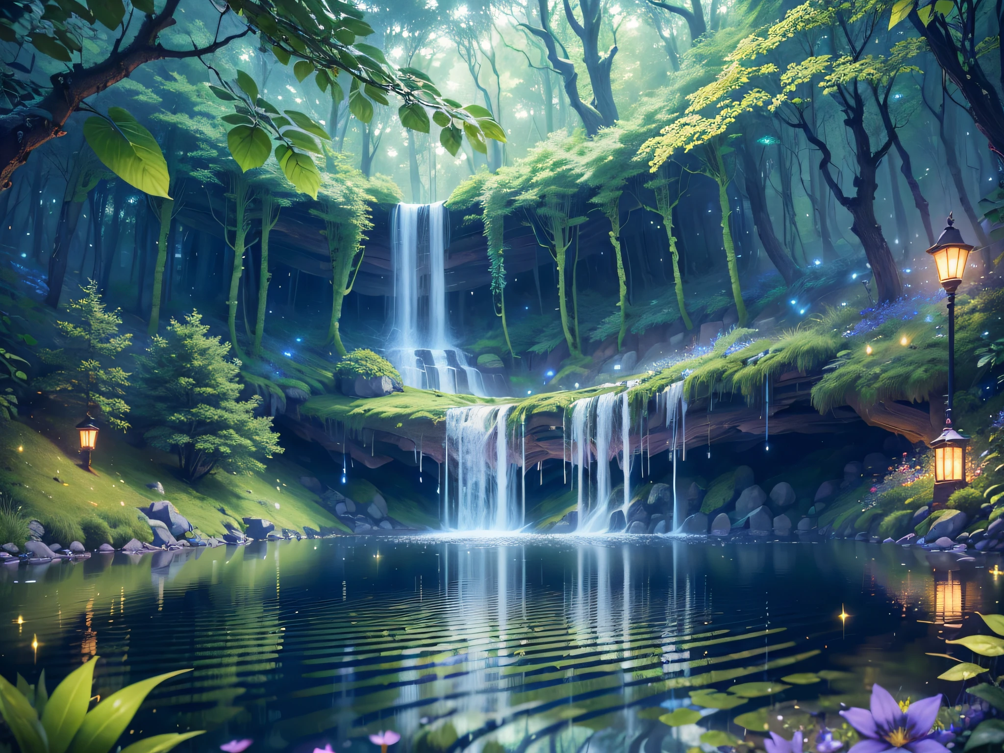 ((Masterpiece))), Best Quality,Ultra Detailed (Highly Detailed CG Unity 8k), (Best Quality), (Best Illustration), (Best Shadow), Shining Waterfall, Mystic Lake, Night, Forest Themed, Mystical Forest, Beautiful Forest, Nature, Delicate Leaves and Branches Surrounded by Flowers (Natural Elements), (Firefly Light), (Particle Effect), 3D,Rendering Effects --auto --s2