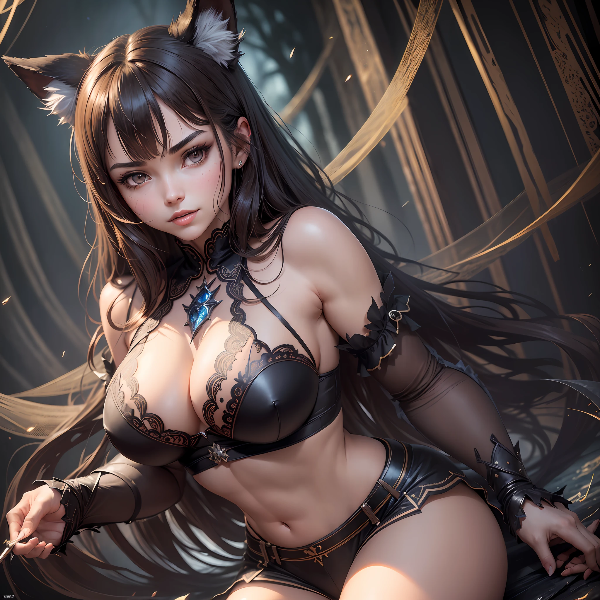(masterpiece, best quality, ultra detailed, best shadow), (highly detailed background, dark horror fantasy), (ultra beautiful detailed face), beautiful but terrifying, dark sinister aura, evil sinister smile, puppet strings, (highly detailed background, haunted forest), extremely sensual, perfect anatomy, high contrast, (best lighting, extremely delicate and beautiful), ((cinematic light)), hyperdetail, dramatic light, intricate details, (1 girl, Solo, antique, with a black shorts, black training bra, toned body, loose brown brown hair, sharp face, caramel brown and jet black eyes, bright eyes, hair between eyes, bangs, dynamic angle, wolf ears, wolf tail), (black light swirling around the character), depth of field, black light particles, (broken ice), magic circle, demon girl, big tits, deep cleavage, (dynamic pose), full body, seductive look, --auto --s2