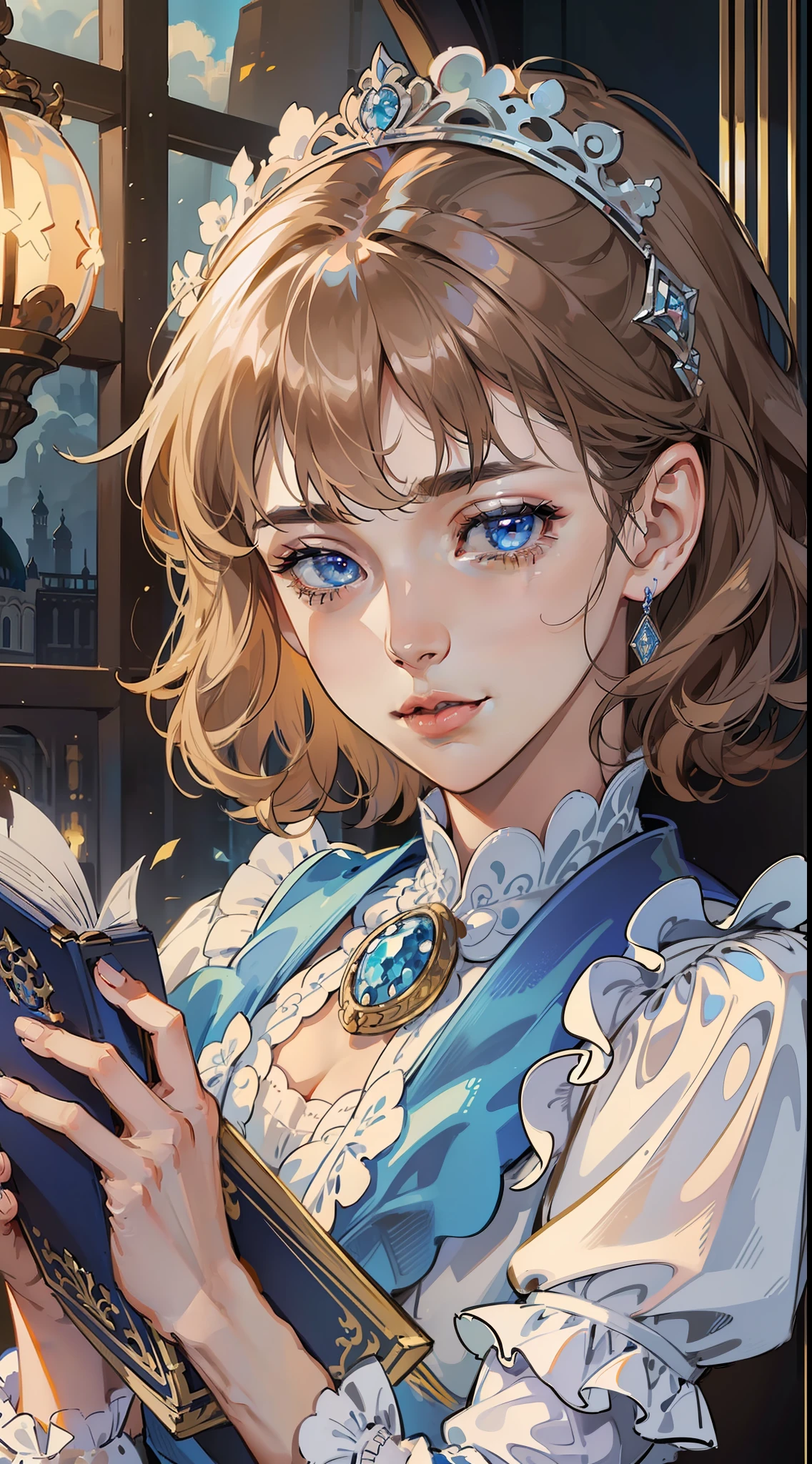 kk, best quality, more details, masterpiece, 1 girl, portrait, female focus, blue eyes like diamonds, solo, bangs, look at the viewer, frilly shirt, short hair, (((fantasy city, palace))), highlights, holding a magic spell book, brown hair, wavy, luxurious, 8k, detailed, ray tracing, depth of field, cinematic lighting,