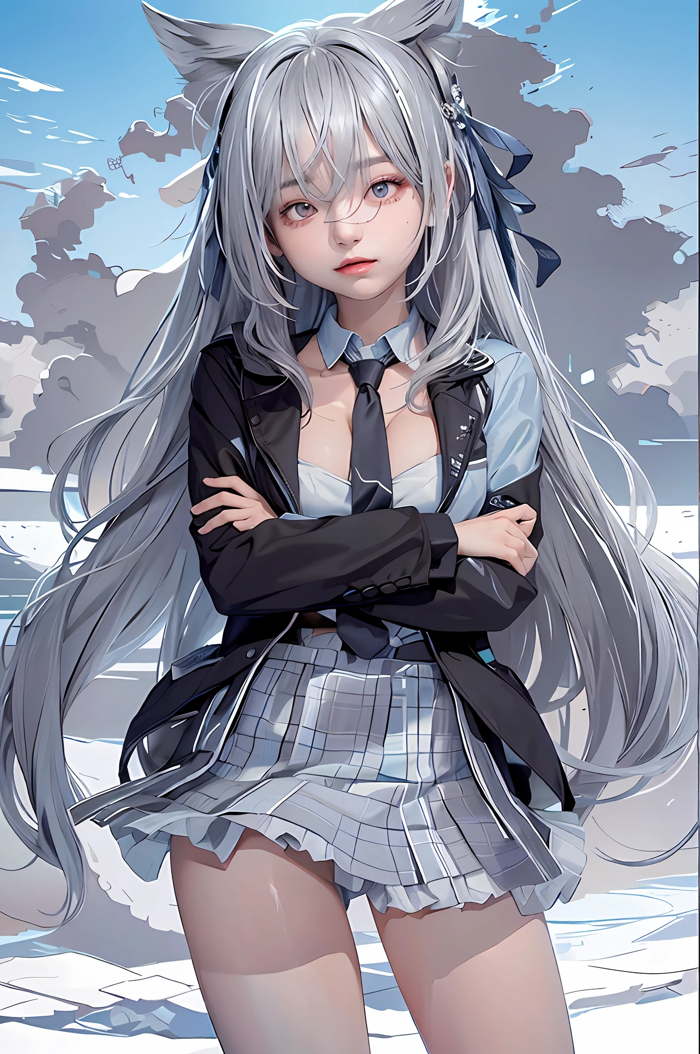 blue sky, photorealistic, high definition, 1 girl, gray hair, korean, heterochromic eyes, small moles under the eyes, bikini, big,