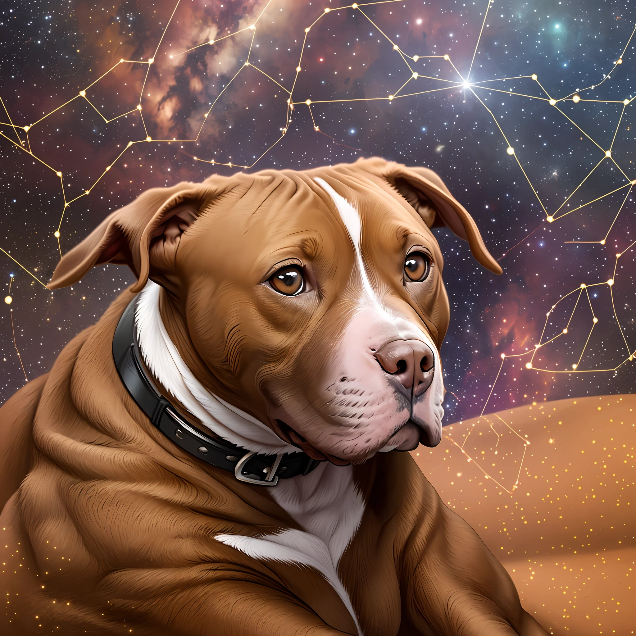 Female pitbull, caramel color with white breast, with a background constellation -auto --s2
