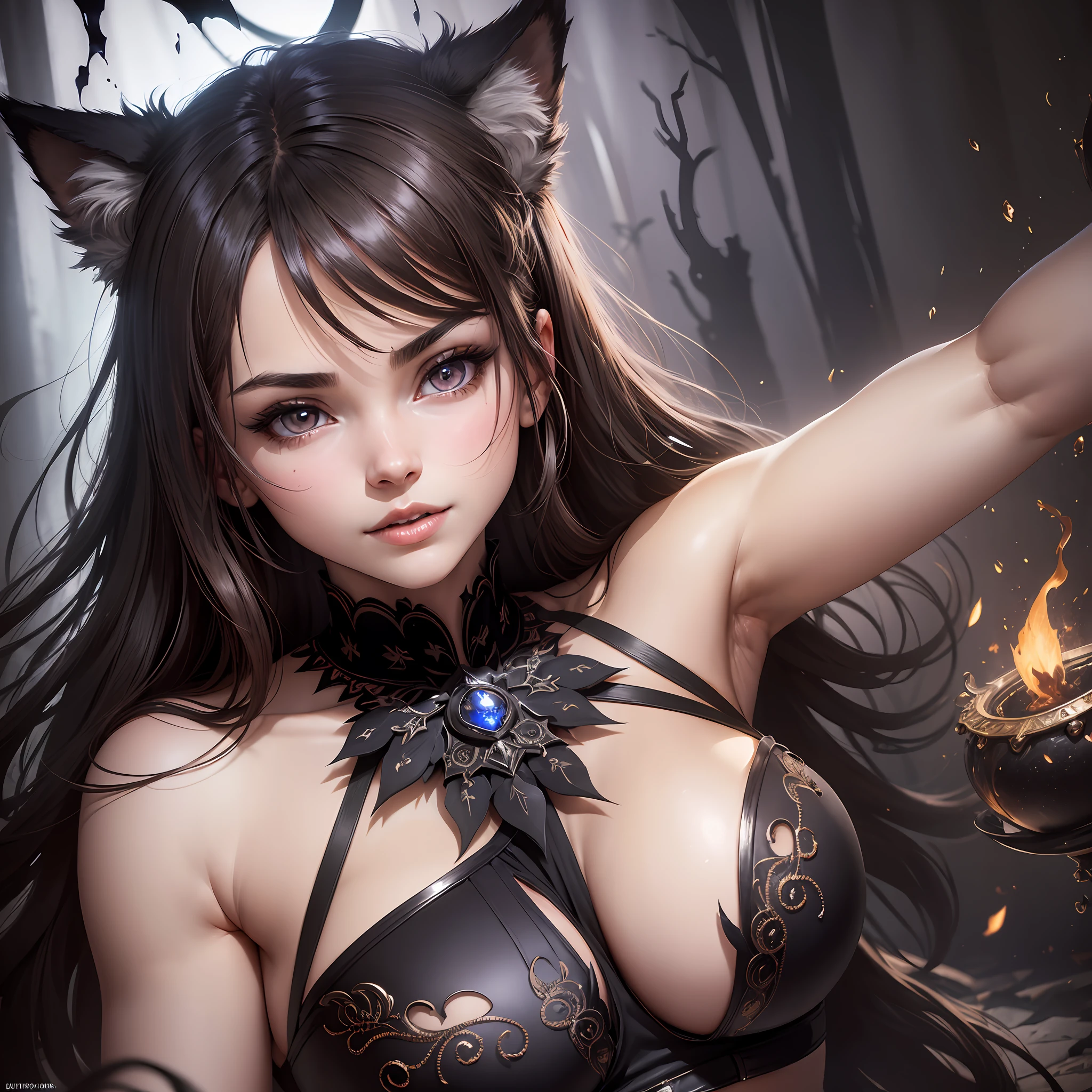 (masterpiece, best quality, ultra detailed, best shadow), (highly detailed background, dark horror fantasy), (ultra beautiful detailed face), beautiful but terrifying, dark sinister aura, evil sinister smile, puppet strings, (highly detailed background, haunted forest), extremely sensual, perfect anatomy, high contrast, (best lighting, extremely delicate and beautiful), ((cinematic light)), hyperdetail, dramatic light, intricate details, (1 girl,  Solo, antique, with a black shorts, black training bra, toned body, loose brown brown hair, sharp face, caramel brown and jet black eyes, bright eyes, hair between eyes, bangs, dynamic angle, wolf ears, wolf tail), (black light swirling around the character), depth of field, black light particles, (broken ice), magic circle,  demon girl, big tits, deep cleavage, (dynamic pose), full body, seductive look, --auto --s2