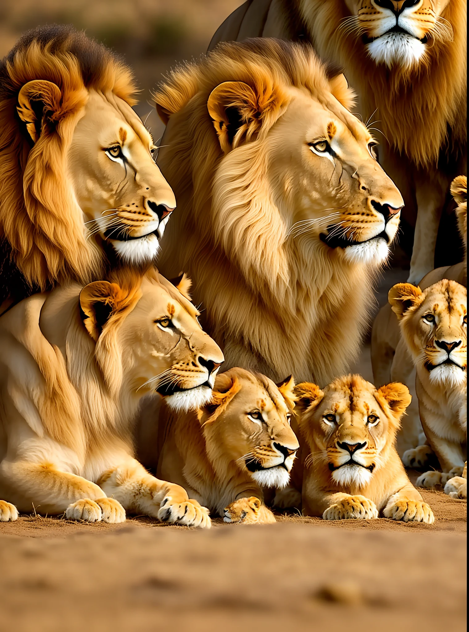 A closeup of a lion with lioness and a group of 3 cute, majestic cubs!! Cute!, proud look, family portrait, proud look, king of the jungle, realistic family photo carved into a coin!!