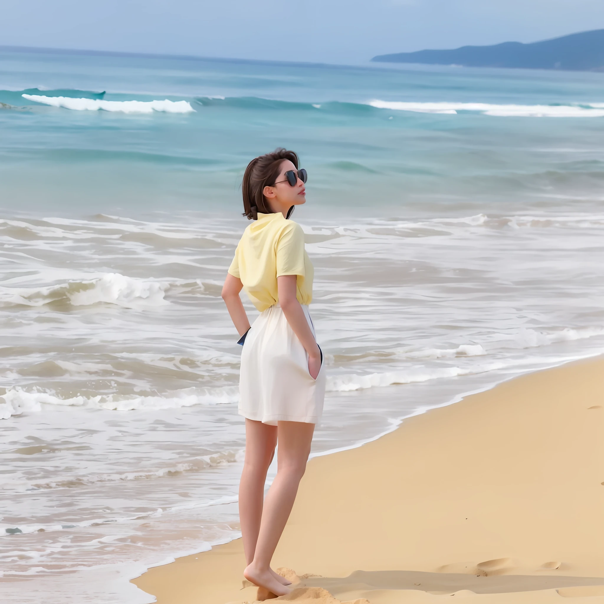 woman standing on the beach looking out at the ocean, posing on a beach with the ocean, girl looking at the ocean waves, standing at the beach, standing beside the ocean, standing on a beach, sunny day at beach, 😭 🤮 💕 🎀, standing near the beach, wearing wheat yellow gauze, standing in sand, dilraba dilmurat