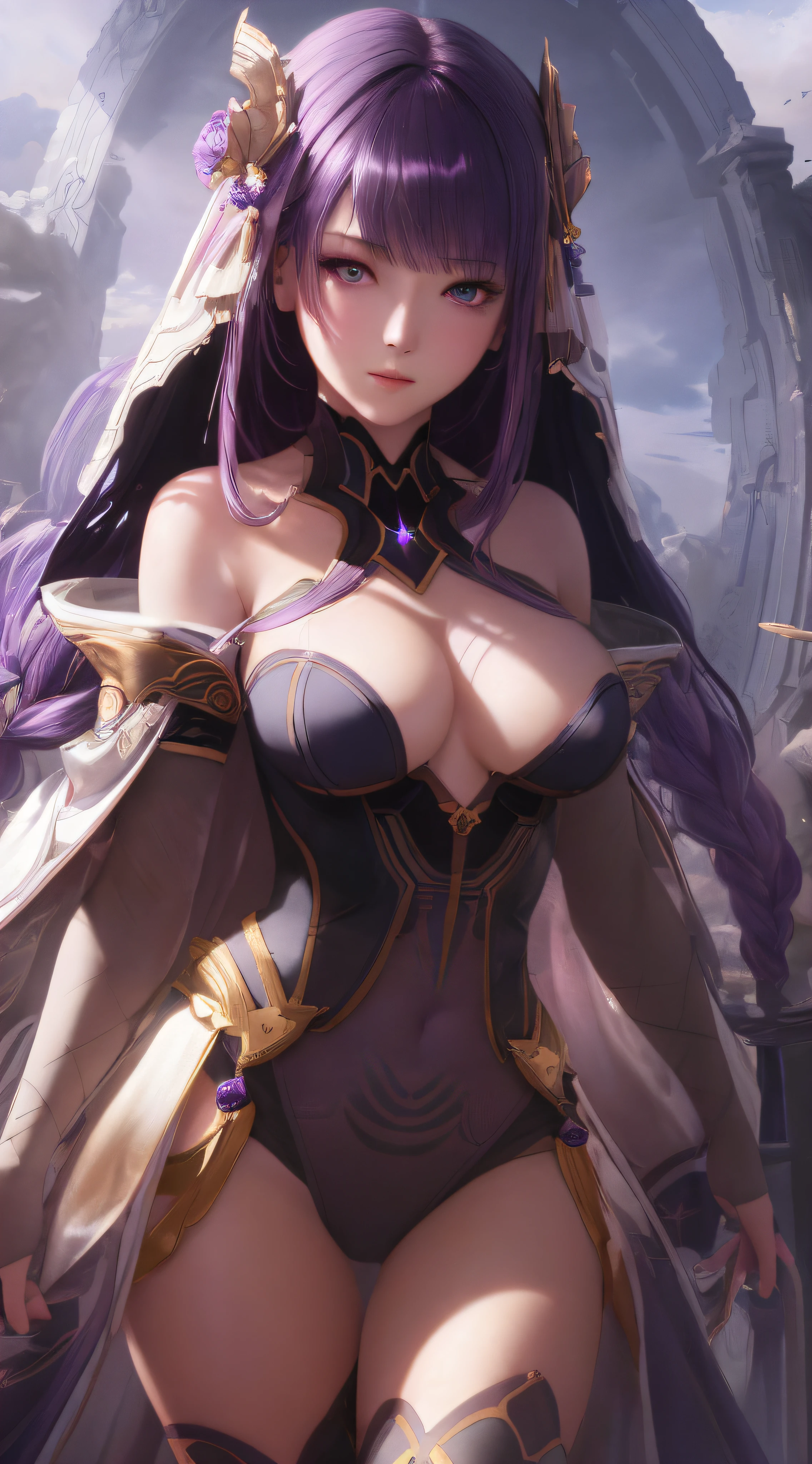 masterpiece, best quality, (extremely detailed CG unity 8k wallpaper), (best quality), (best illustration), (best shadow), absurdres, realistic lighting, (Abyss), beautiful detailed glow, art by PeterMohrBacher, soft lips, glossy lips, detailed eyes, purple hair