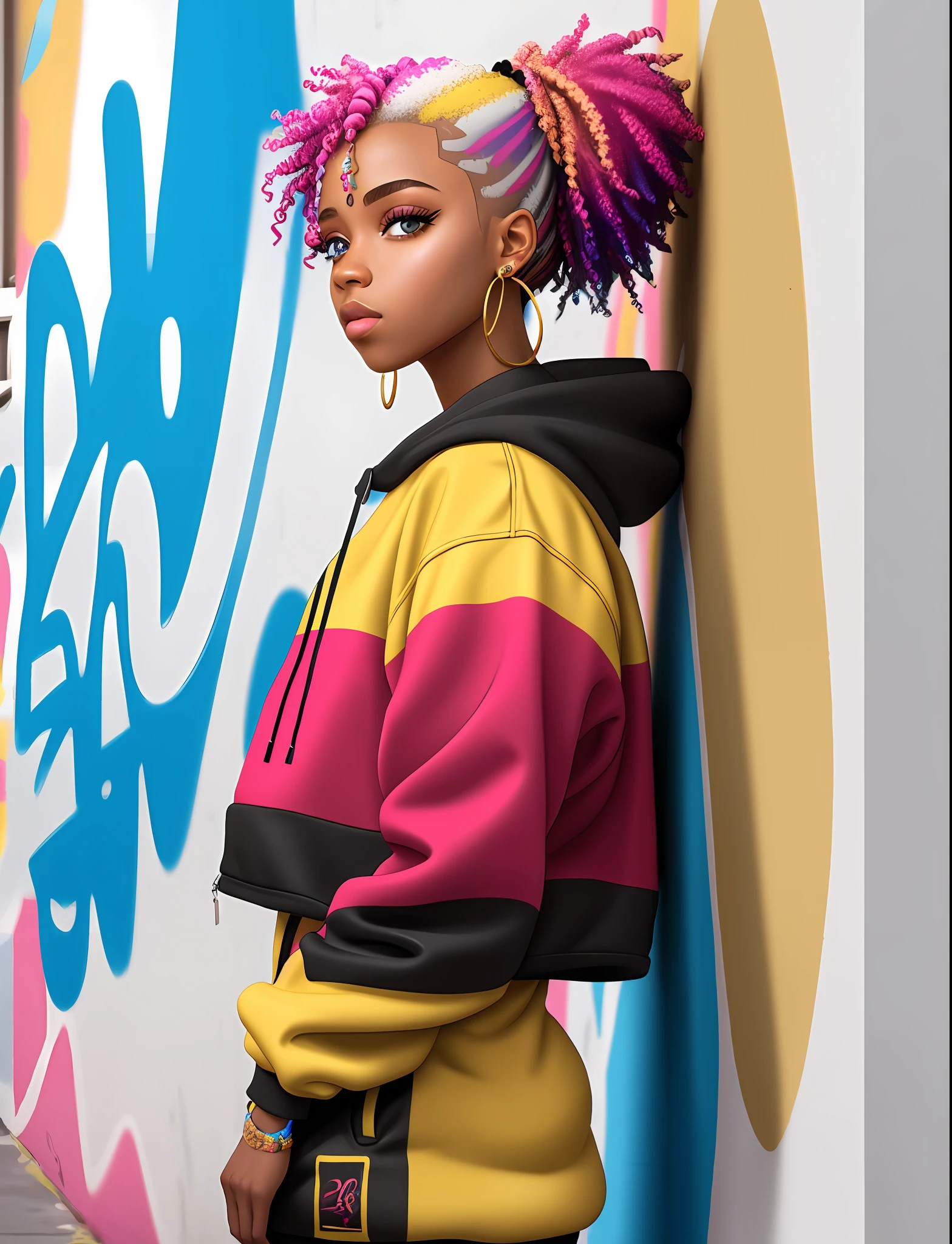 Graffiti painting, street art, 24k extremely detailed CG unit wallpaper, 16k landscape, artwork, masterpiece, best quality, amazing light brushstrokes, of a 21 year old African American girl with platinum hair in graffiti style on a white wall with vibrant colors.