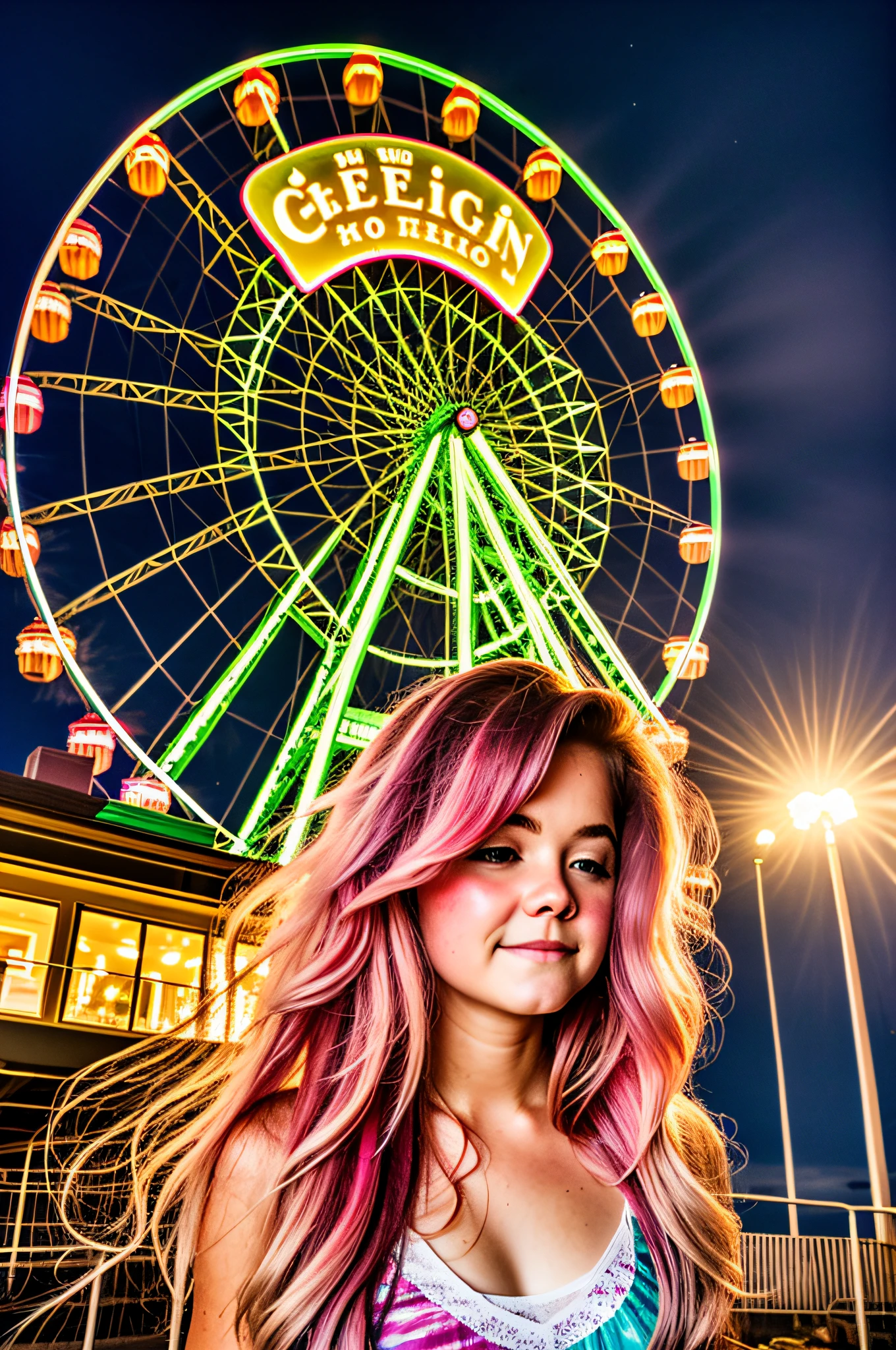 irish precious girl sleeping in foggy ferris wheel, nighttime, colorful lights, fireflies, cottoncandy, sunlit cottoncandy wild messy windy hair glistening