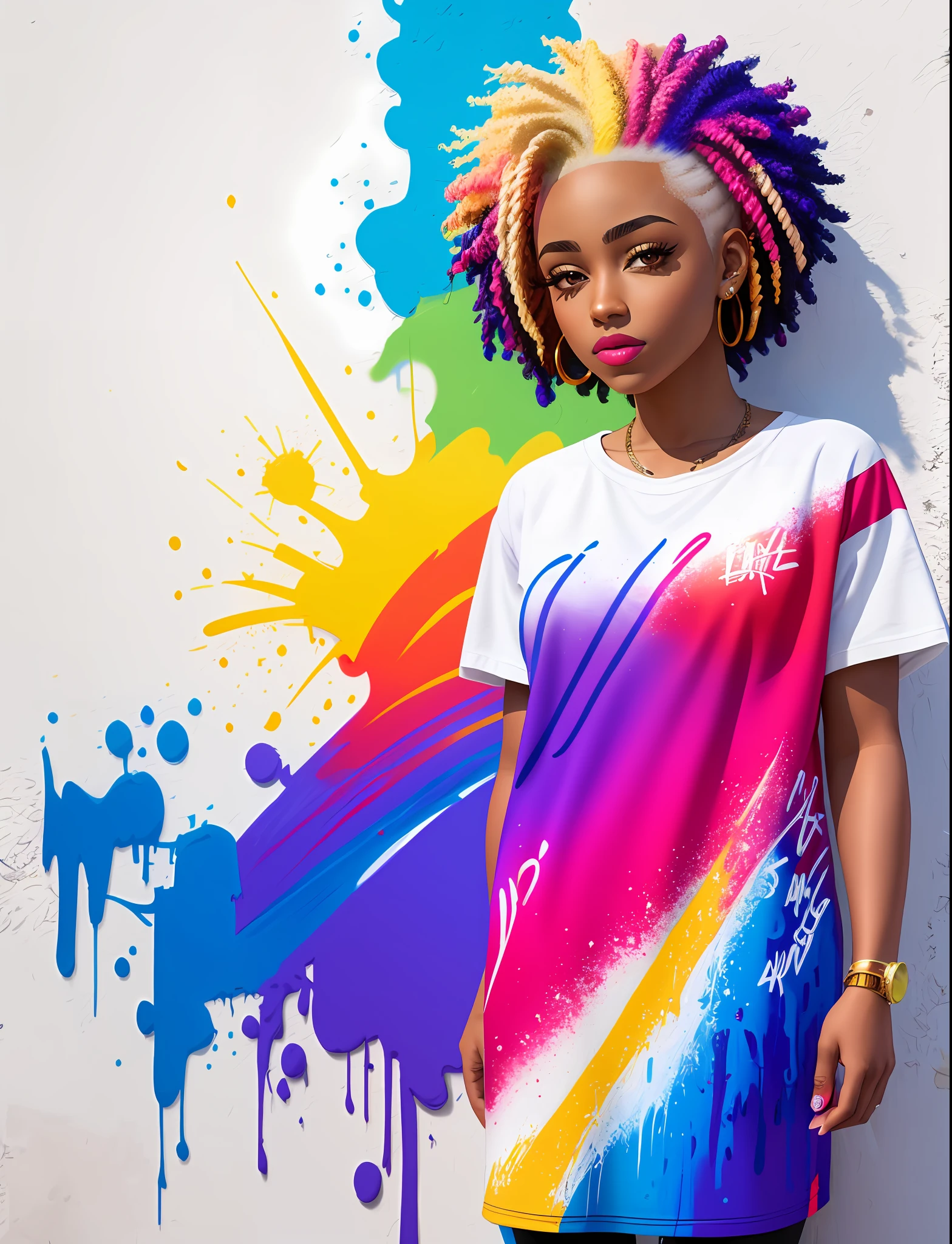 Graffiti painting, street art, 24k extremely detailed CG unit wallpaper, 16k landscape, artwork, masterpiece, best quality, amazing light brushstrokes, of a 21 year old African American girl with platinum hair in graffiti style on a white wall with vibrant colors.