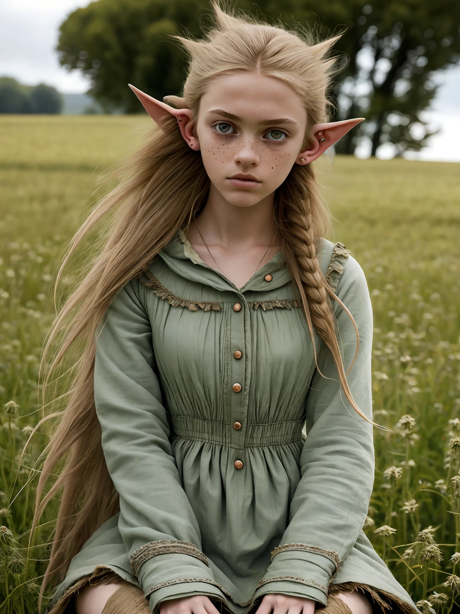 A beautiful french emo (()) highly defined elven features big doll eyes ,small pokies ((small pokies)) peroxide ((long blonde messy windswept hair)) flowers in hair,(((small pointed ears))), sitting in highly detailed rural french (meadow) setting ,wearing Medieval green cloak and (furs, leathers, and roughly spun cloths, such as hemp or linen). eyeliner, blush, lipstick, natural freckles,, art gallery, professional photography, Sony fx6 digital camera, atmospheric, highly detailed, UHD, both eyes the same, masterpiece, high resolution, ultra quality, 16K, skin pores, matte ,(arms reaching up) ,model pose ,Patrick Lichfield, rule of thirds