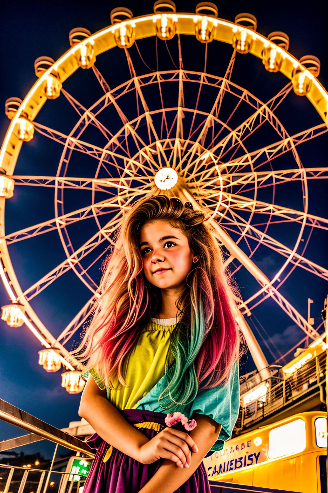 irish precious girl sleeping in foggy ferris wheel, nighttime, colorful lights, fireflies, cottoncandy, sunlit cottoncandy wild messy windy hair glistening