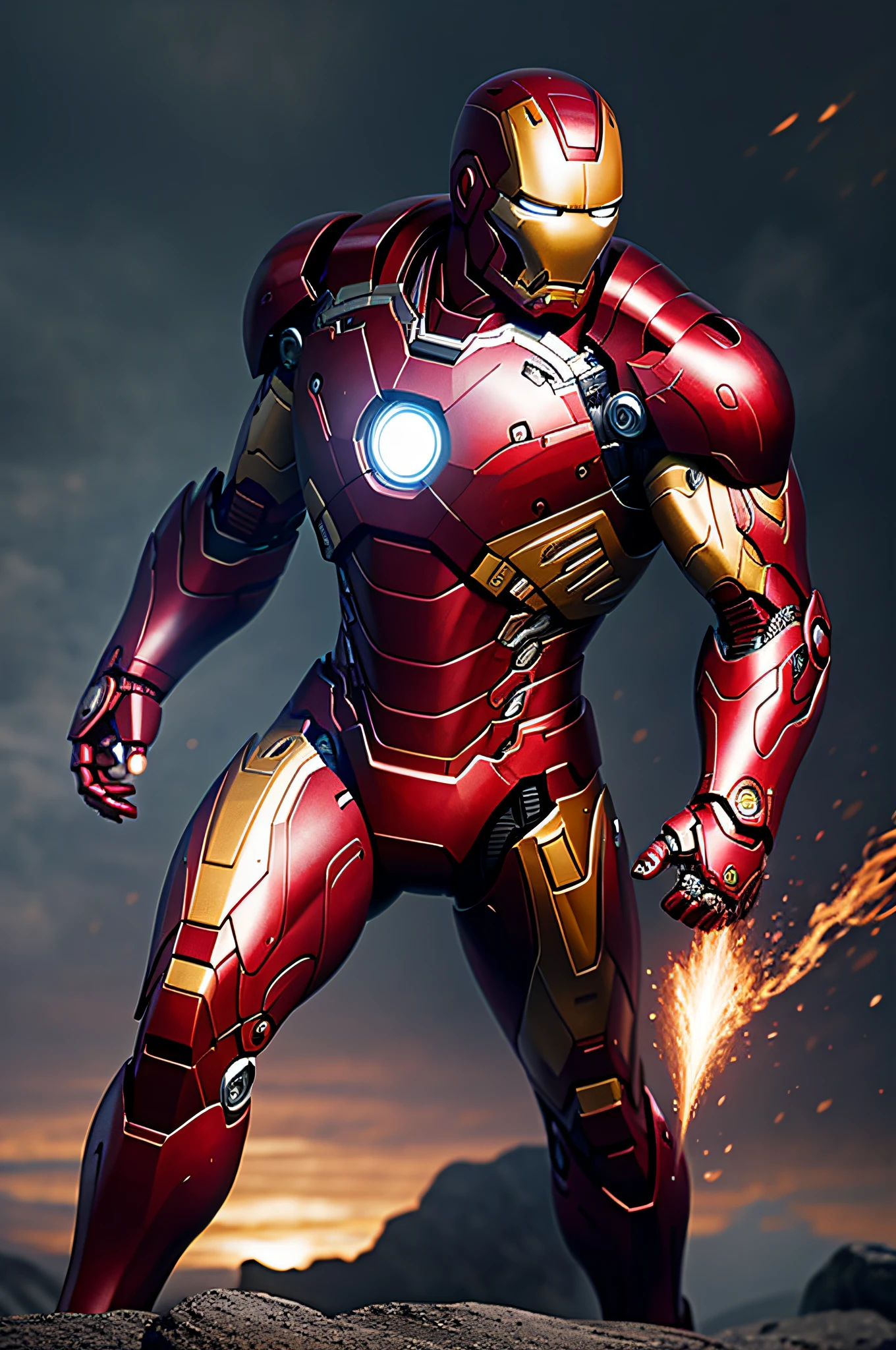 (8k, RAW photo, best quality, masterpiece: 1.2), ultra detailed, official art, photo-realistic: 1.37, upper body shot, marvel iron man, film grain, action pose